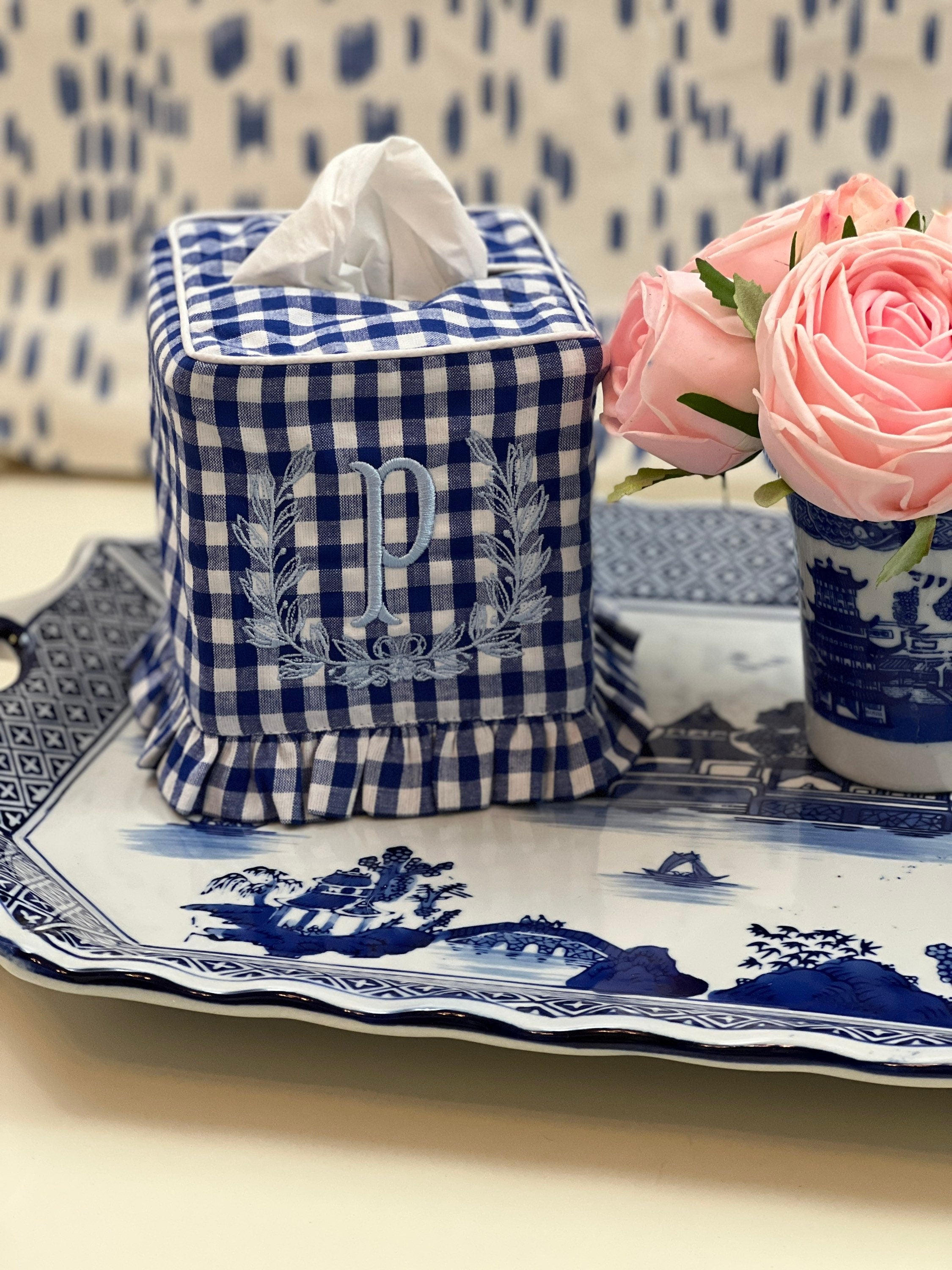 Blue gingham ruffle tissue cover, custom monogram available