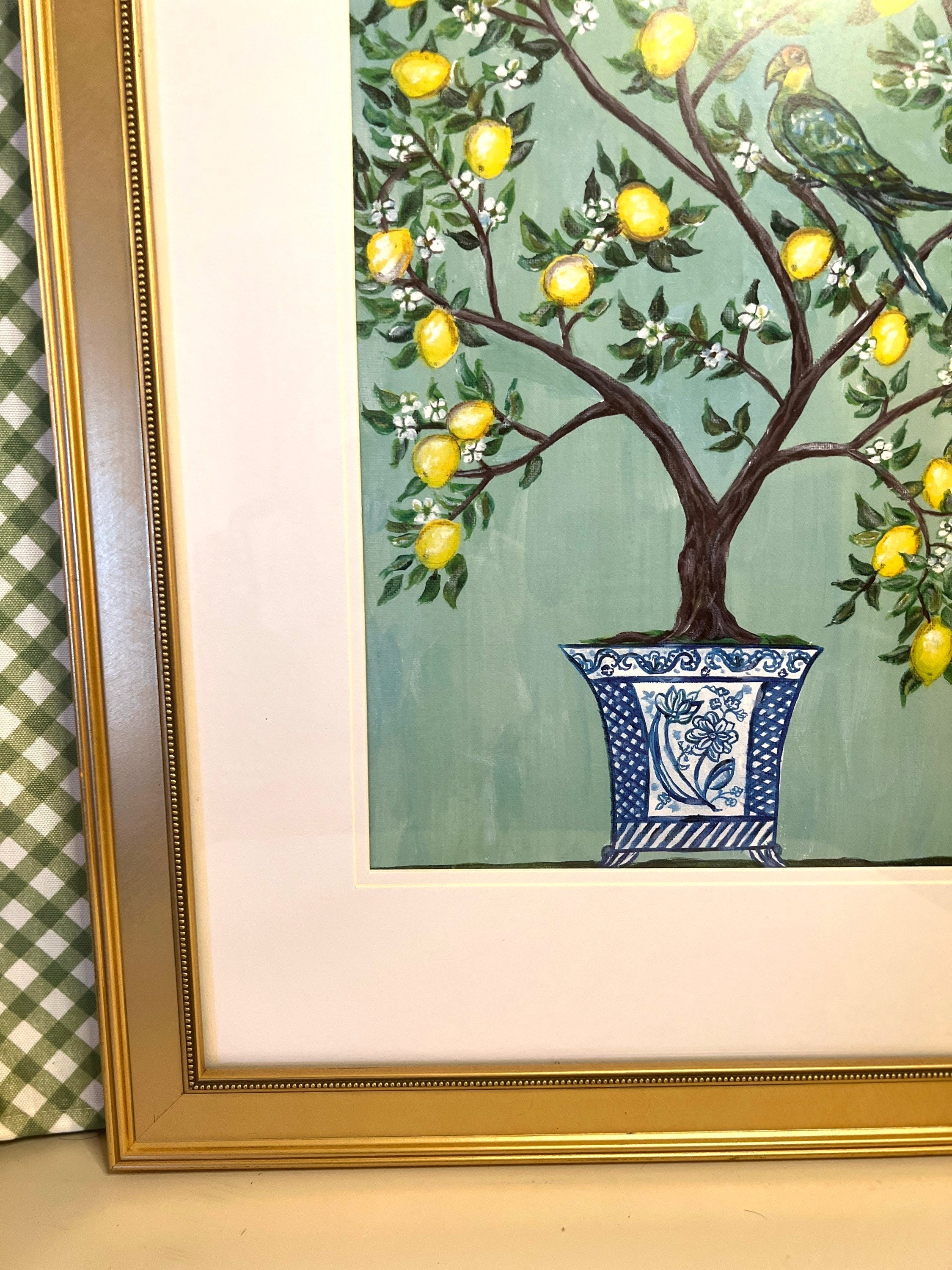 Set of blue and white Chinoiserie lemon tree with bird unframed prints