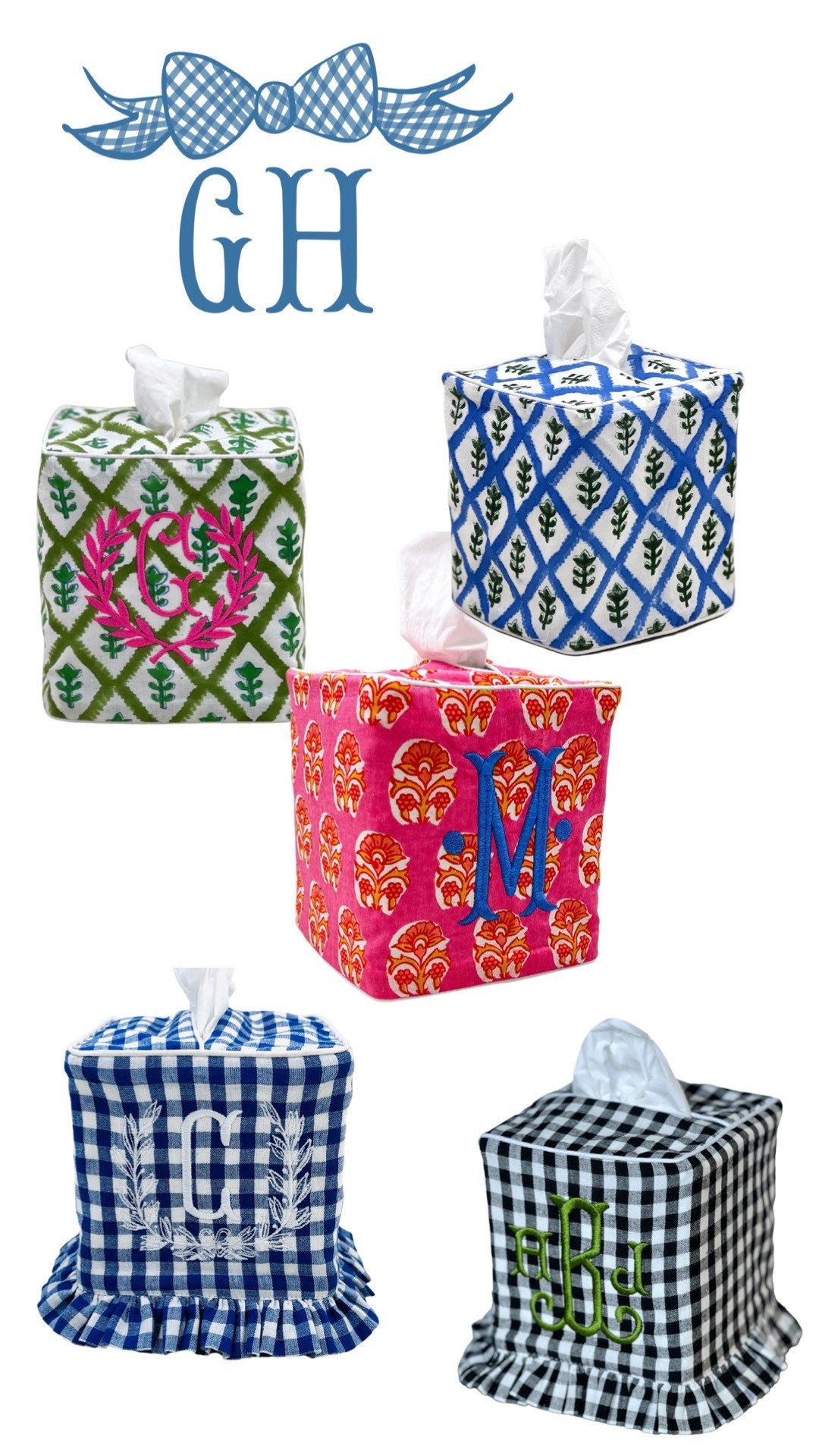 Pink block print tissue cover custom monogram available