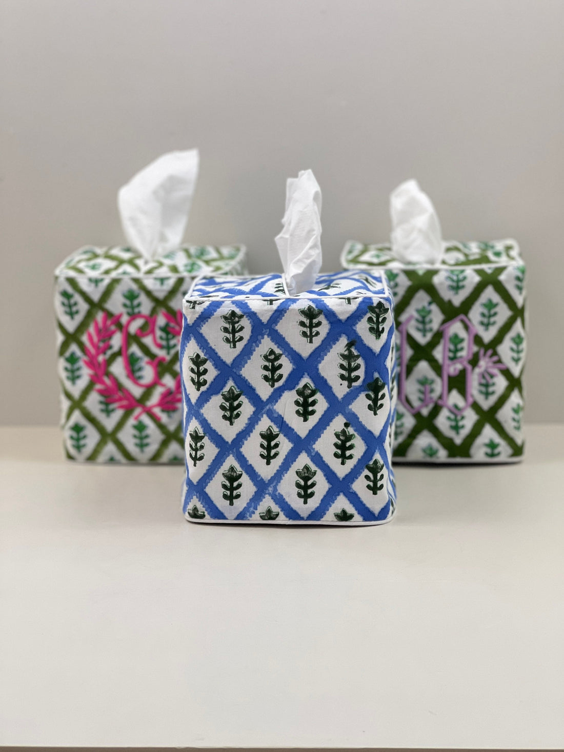 Blue block print tissue cover custom monogram available