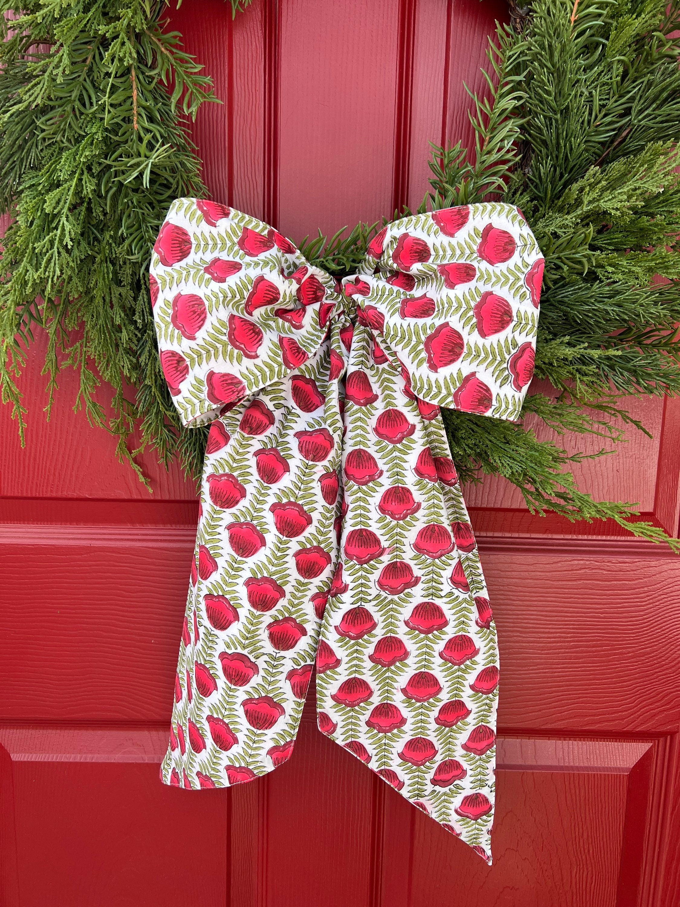 Blue and white block print wreath sash with contrast striped piping,  monogram available