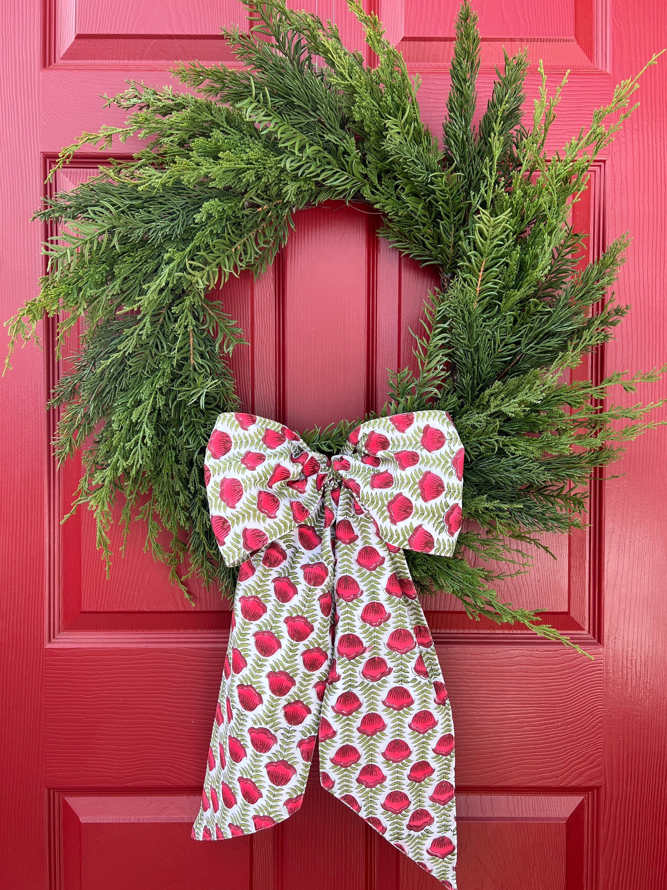 Red and green block print wreath sash, monogram available