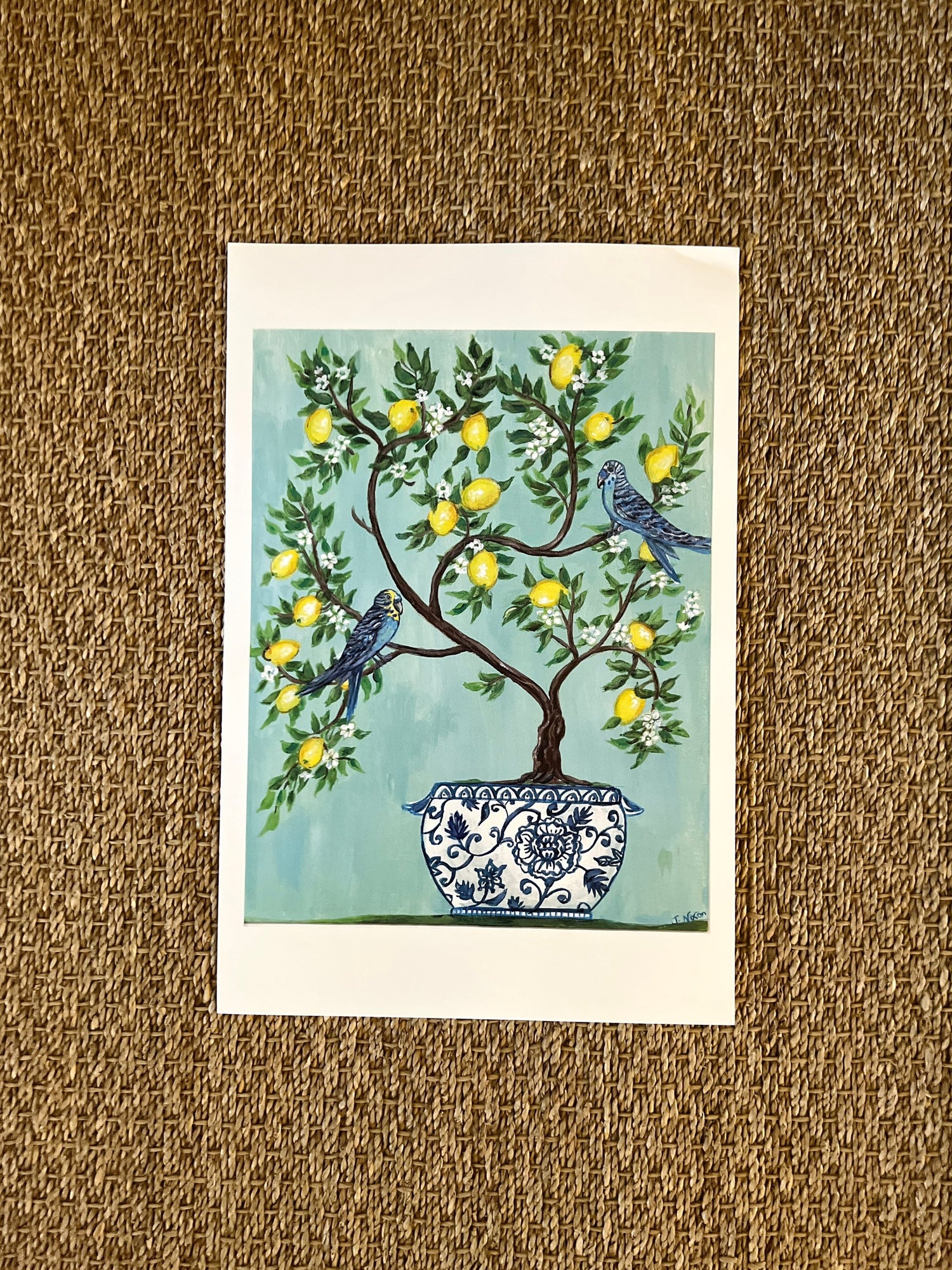 Set of blue and white Chinoiserie lemon tree with bird unframed prints