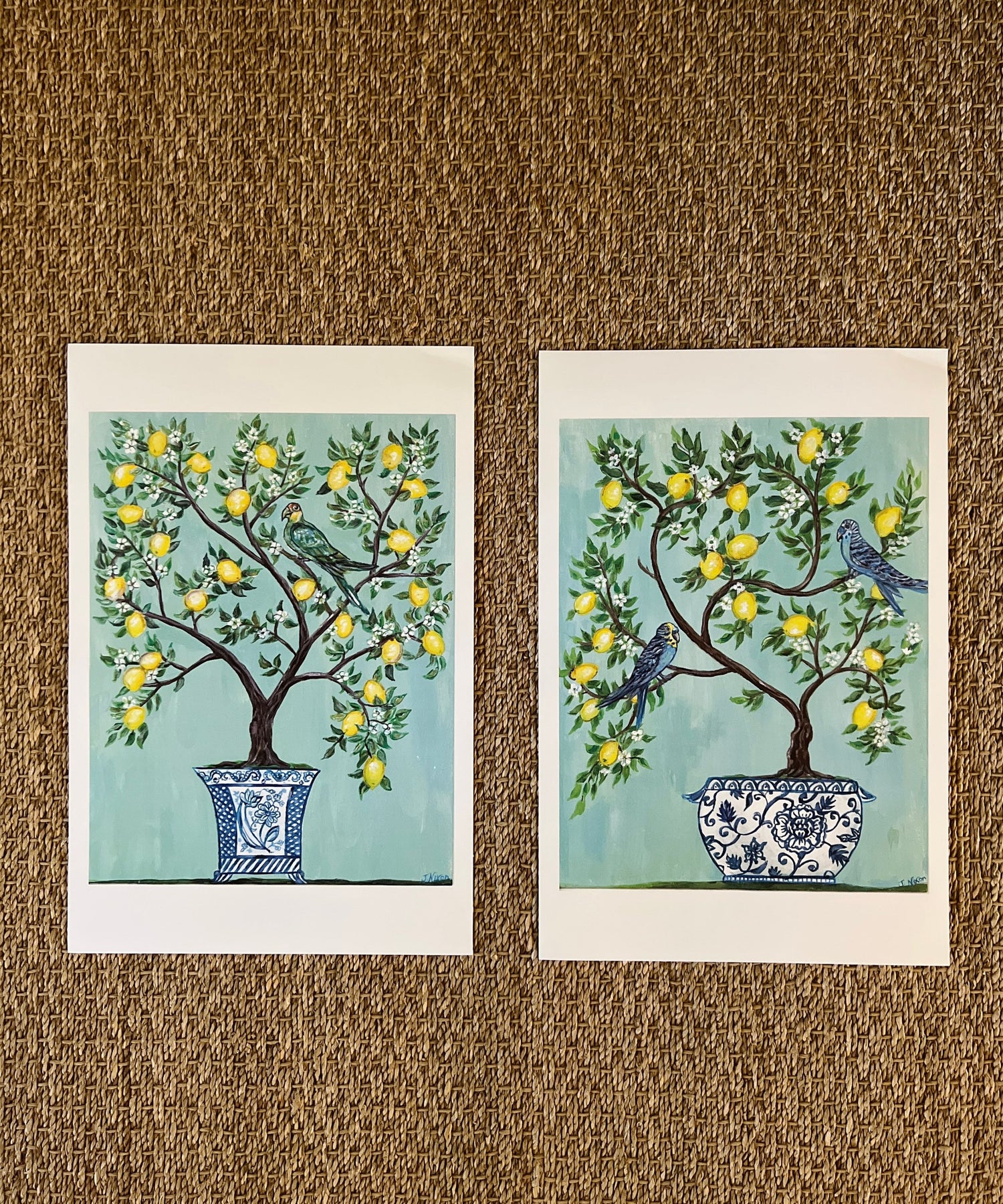 Set of blue and white Chinoiserie lemon tree with bird unframed prints