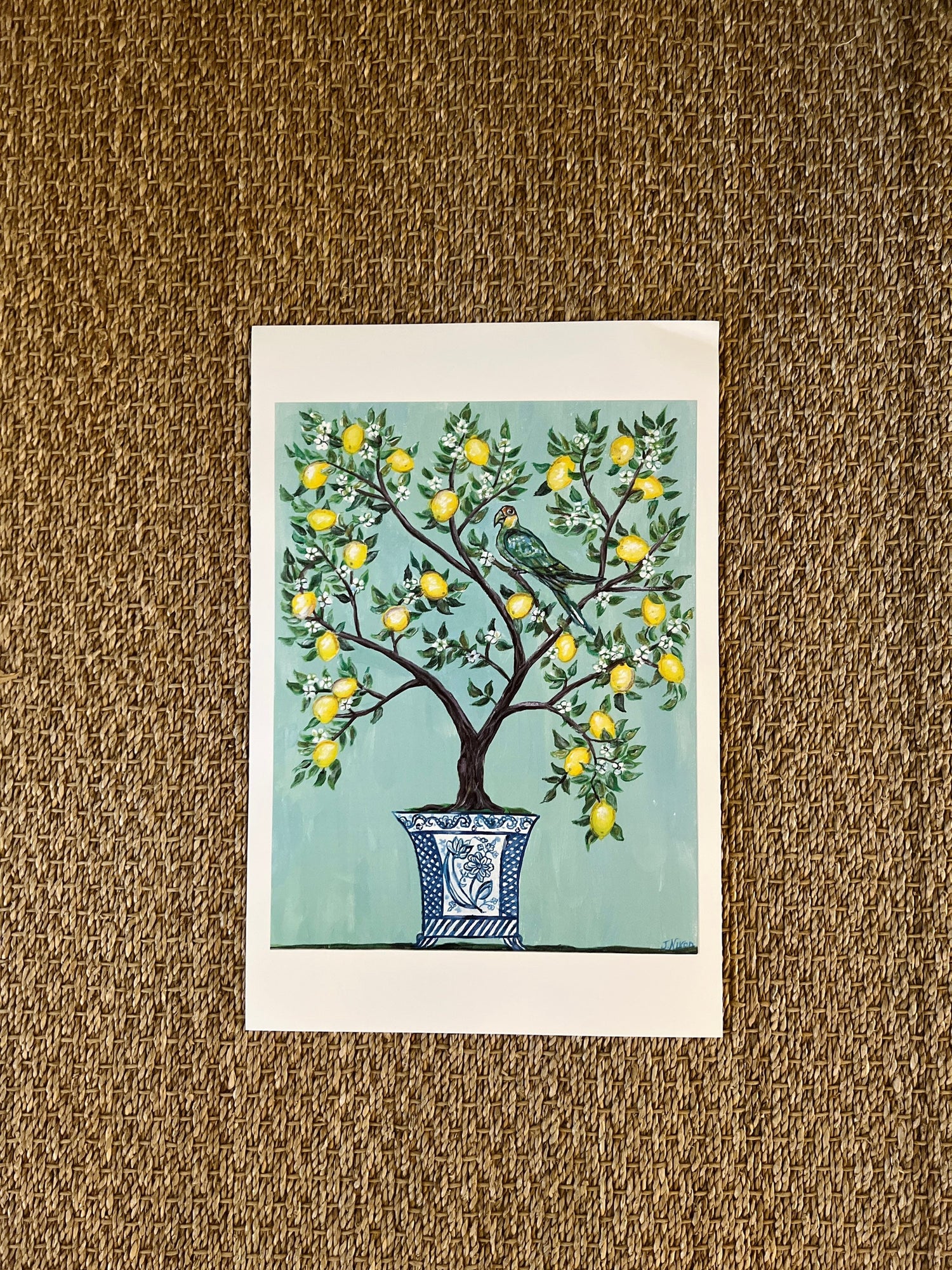 Set of blue and white Chinoiserie lemon tree with bird unframed prints