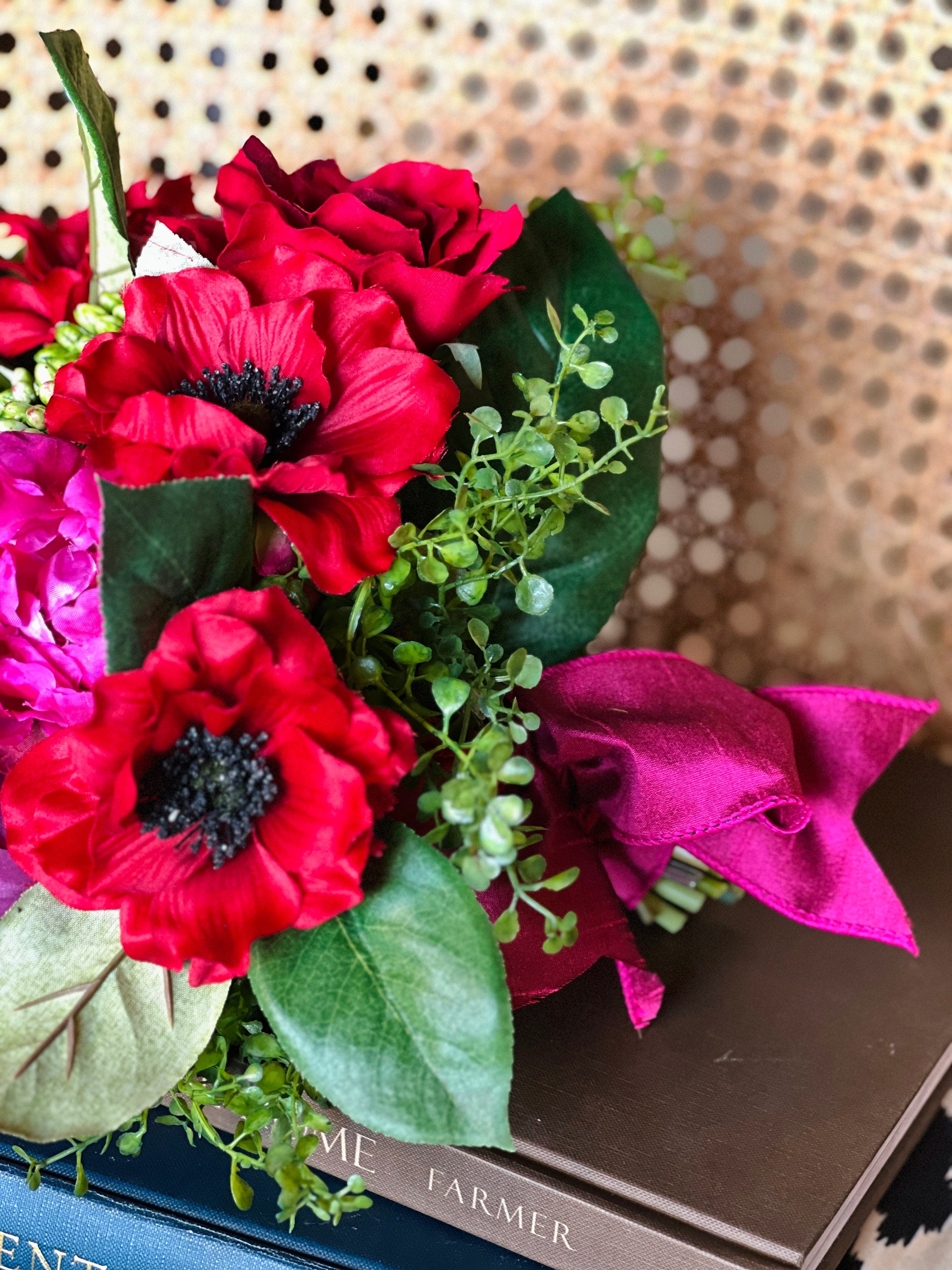 Red and pink faux floral drop-in bouquet (jar not included)