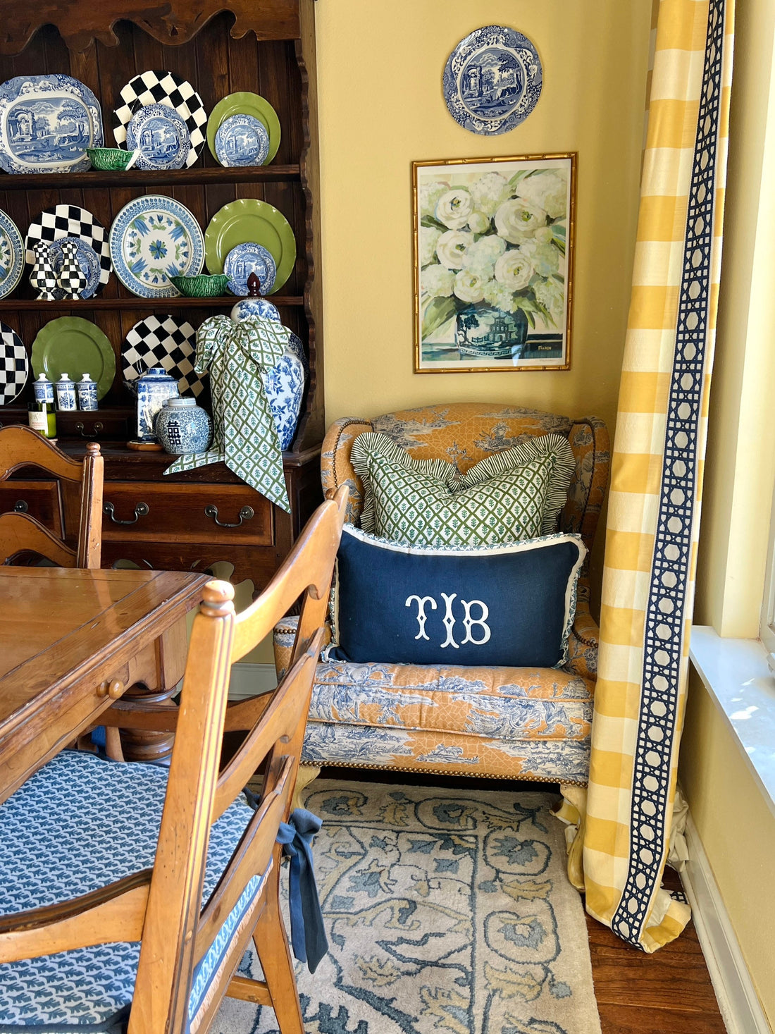 Green block print pillow cover with ruffle flange