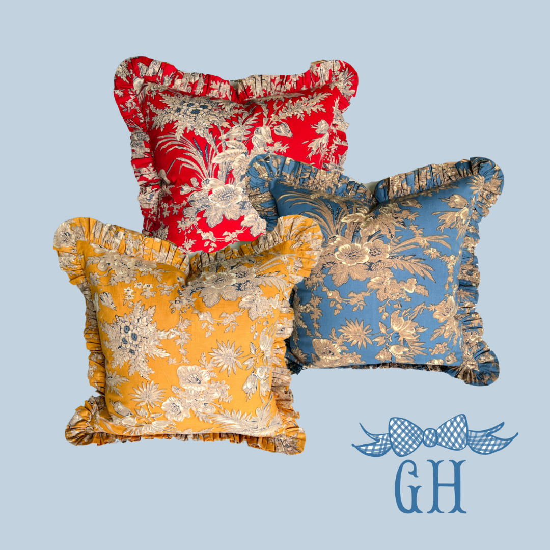 Red floral toile pillow cover with ruffle trim