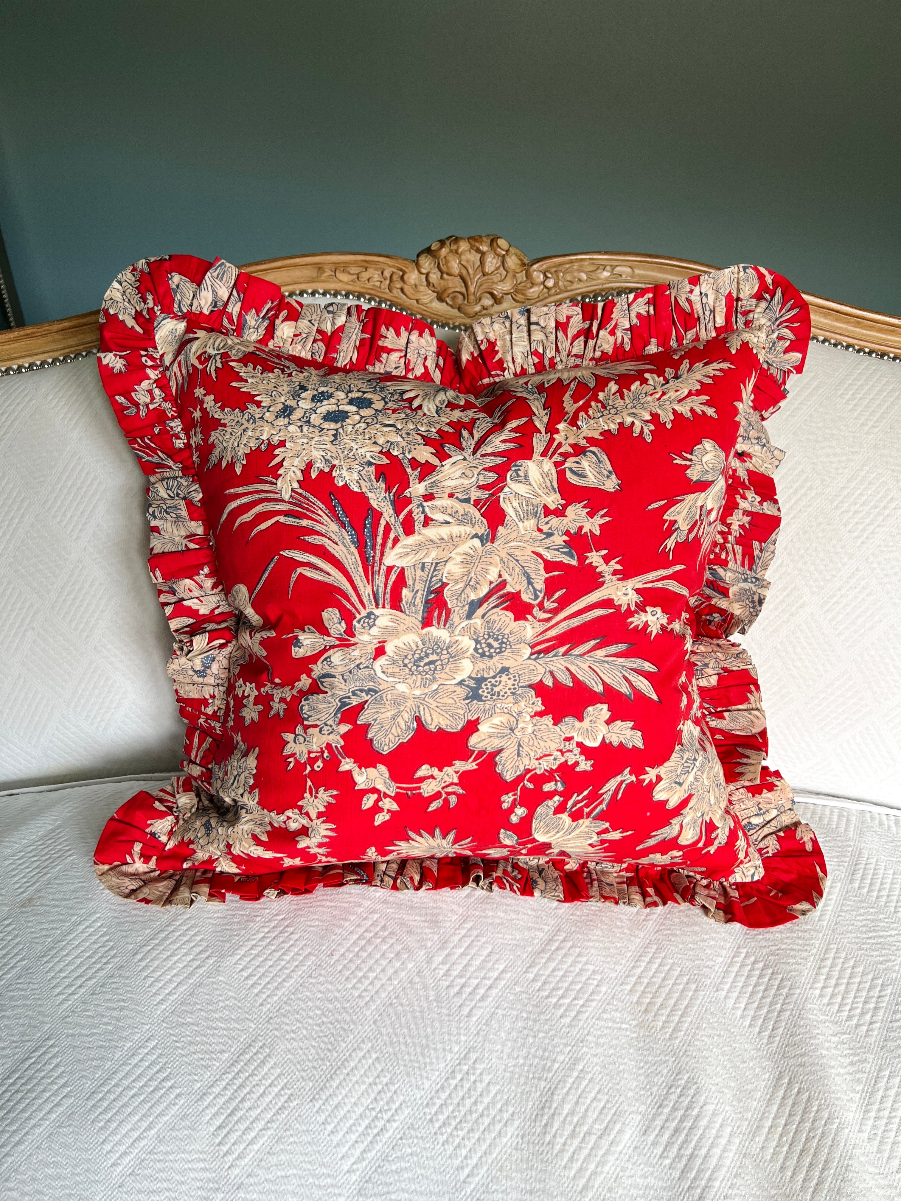 Red floral toile pillow cover with ruffle trim