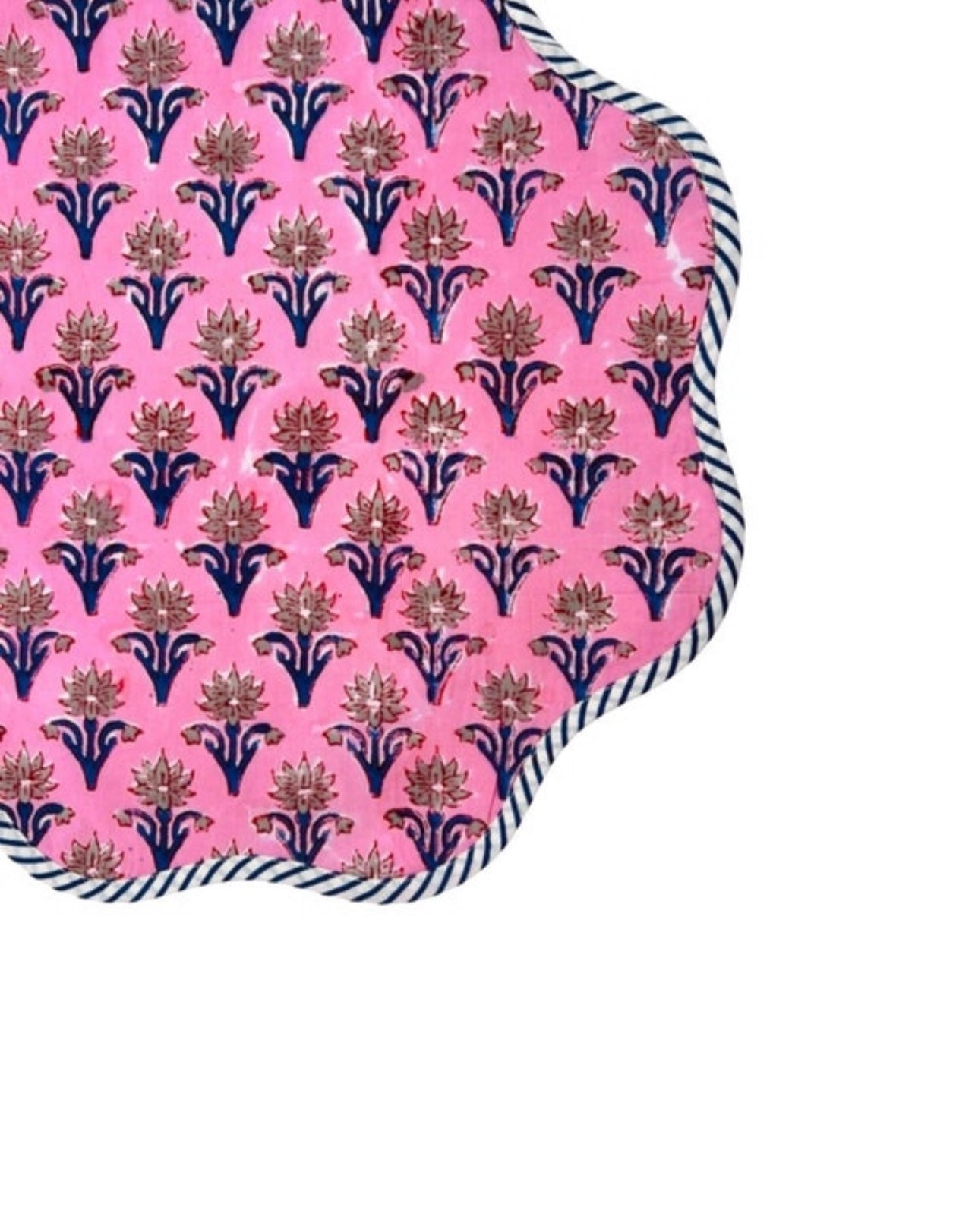 Scalloped pink and blue block print placemat, set of 4