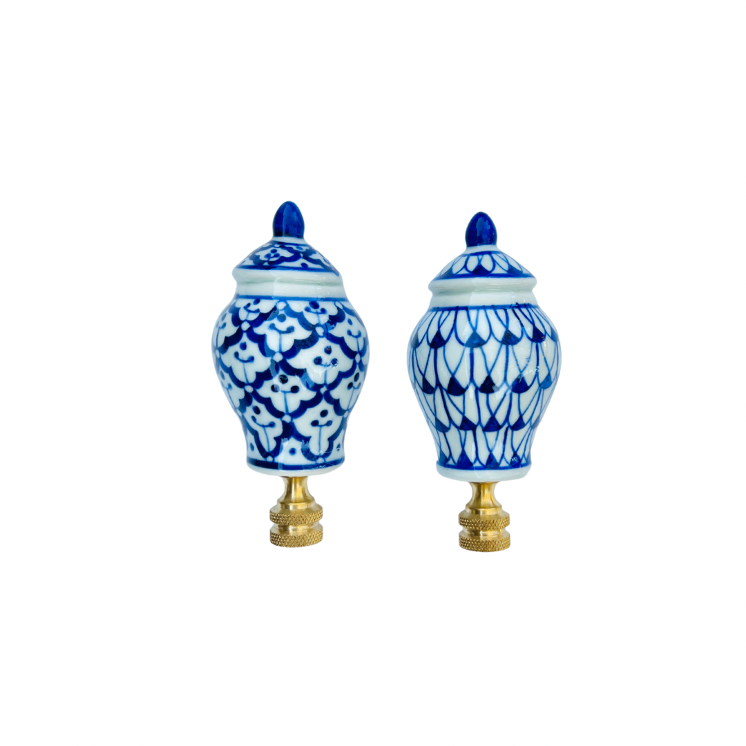 Blue and white lamp finials, choose from bunny, pig, ball, or ginger jar