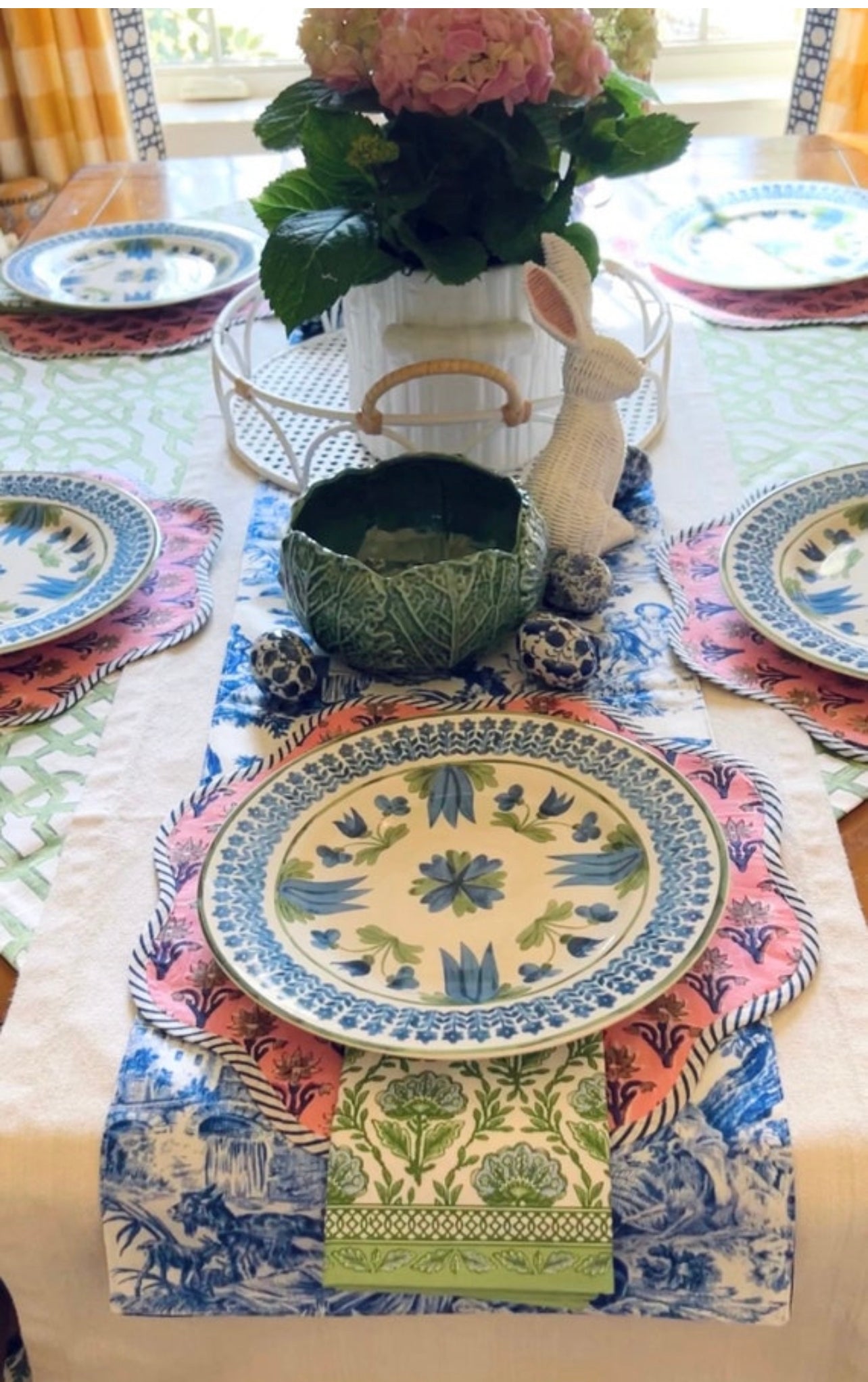 Scalloped pink and blue block print placemat, set of 4