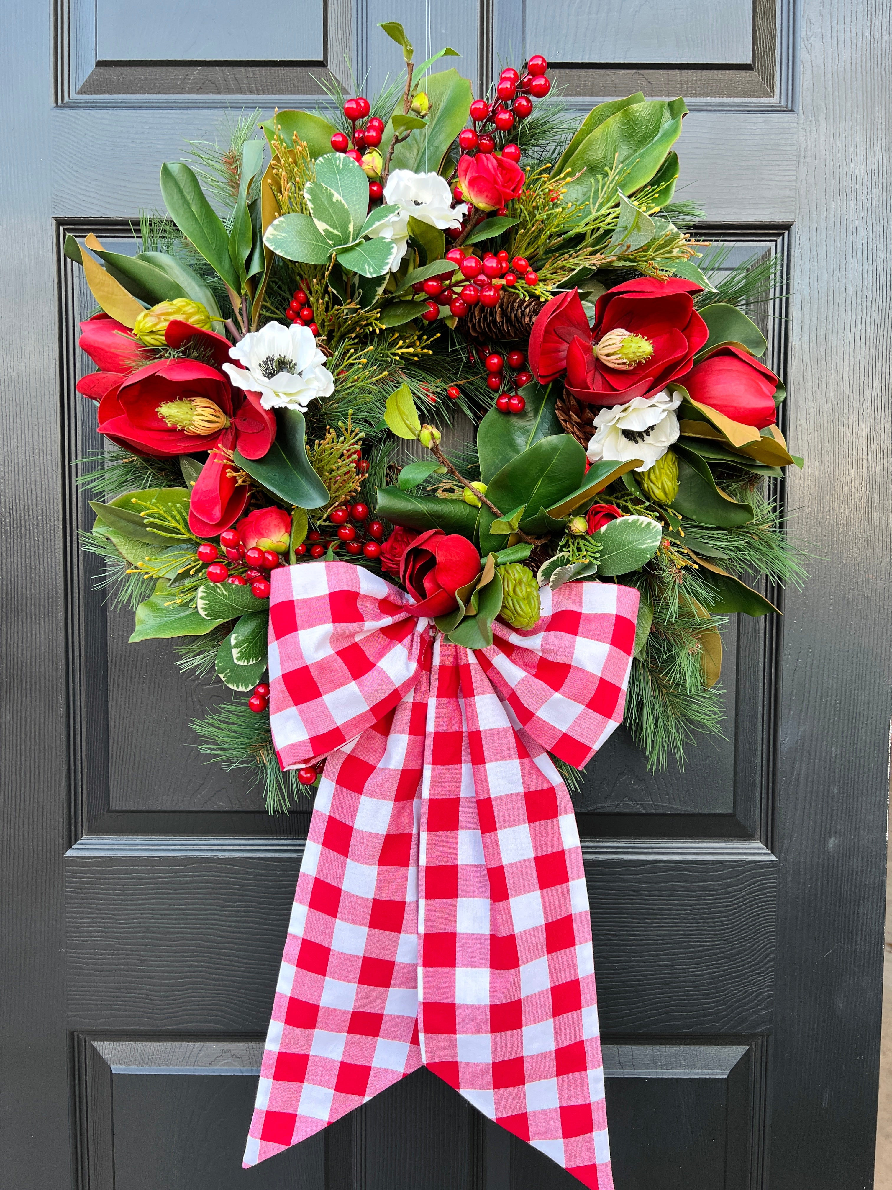 Red buffalo check wreath sash