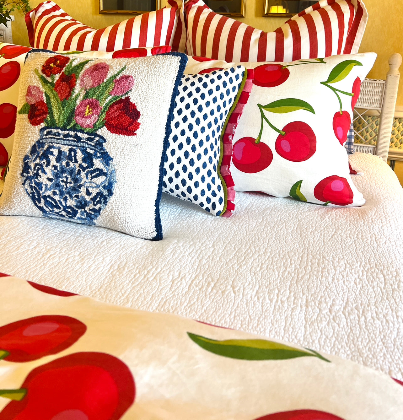 Hand hooked wool tulips and chinoiserie pillow