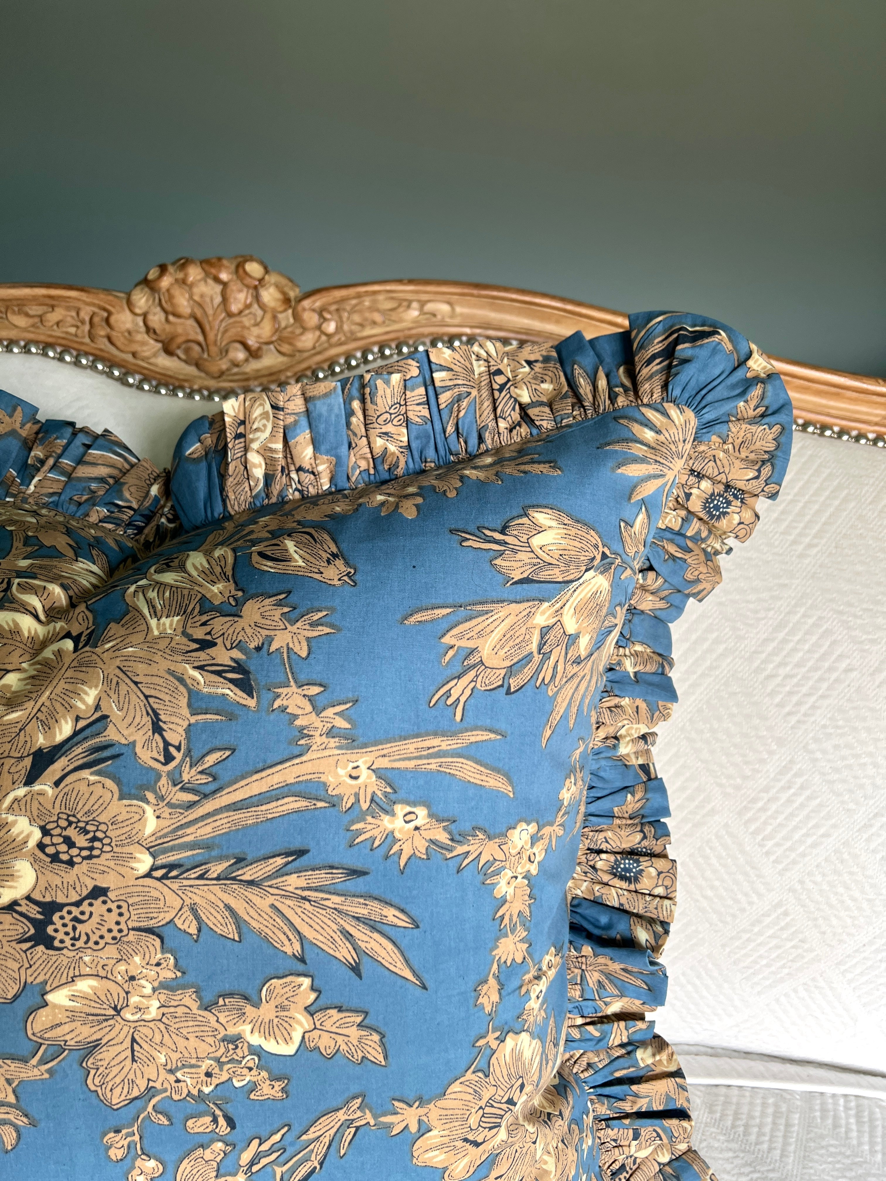 Blue floral toile pillow cover with ruffle trim