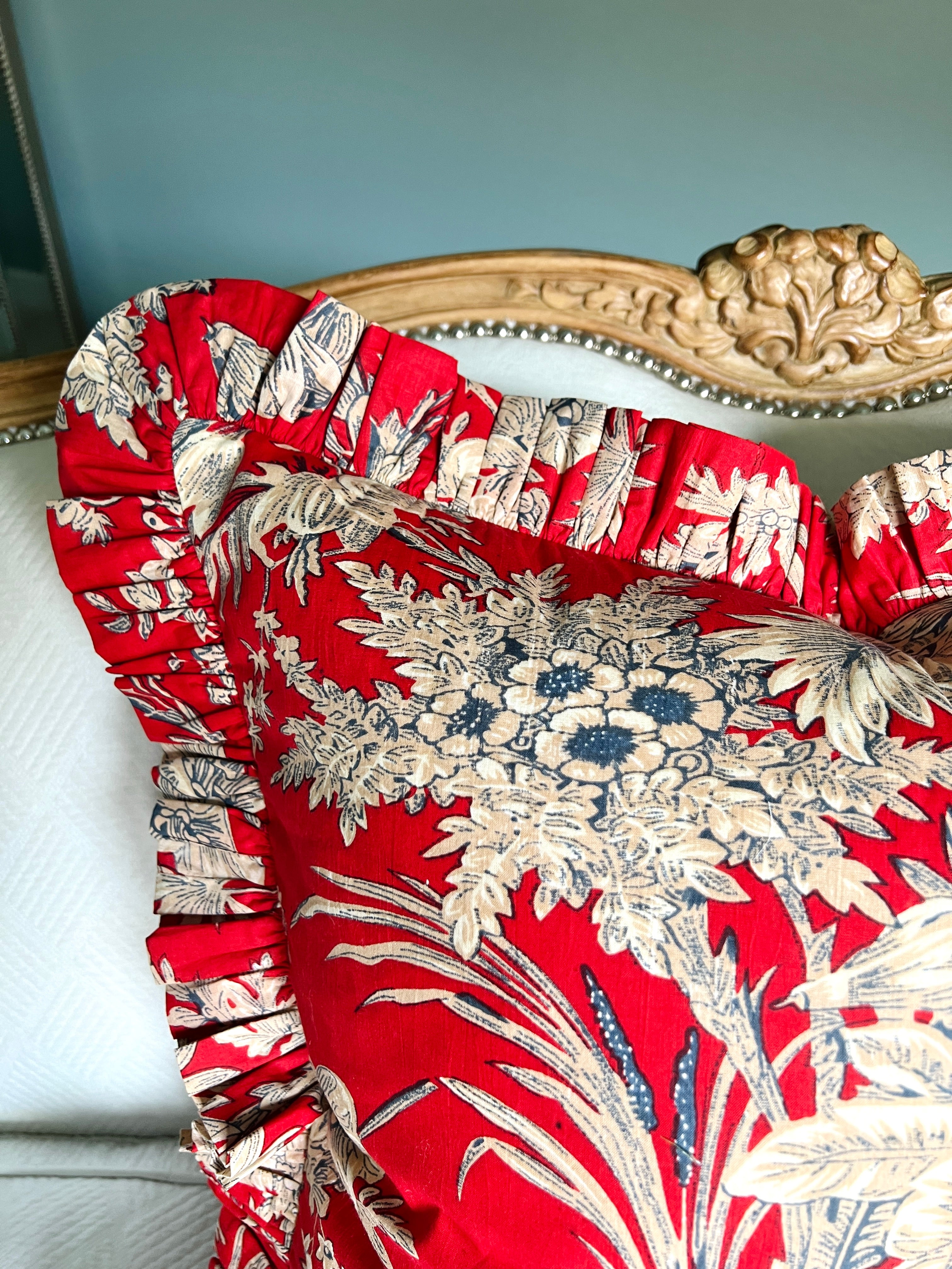 Red floral toile pillow cover with ruffle trim