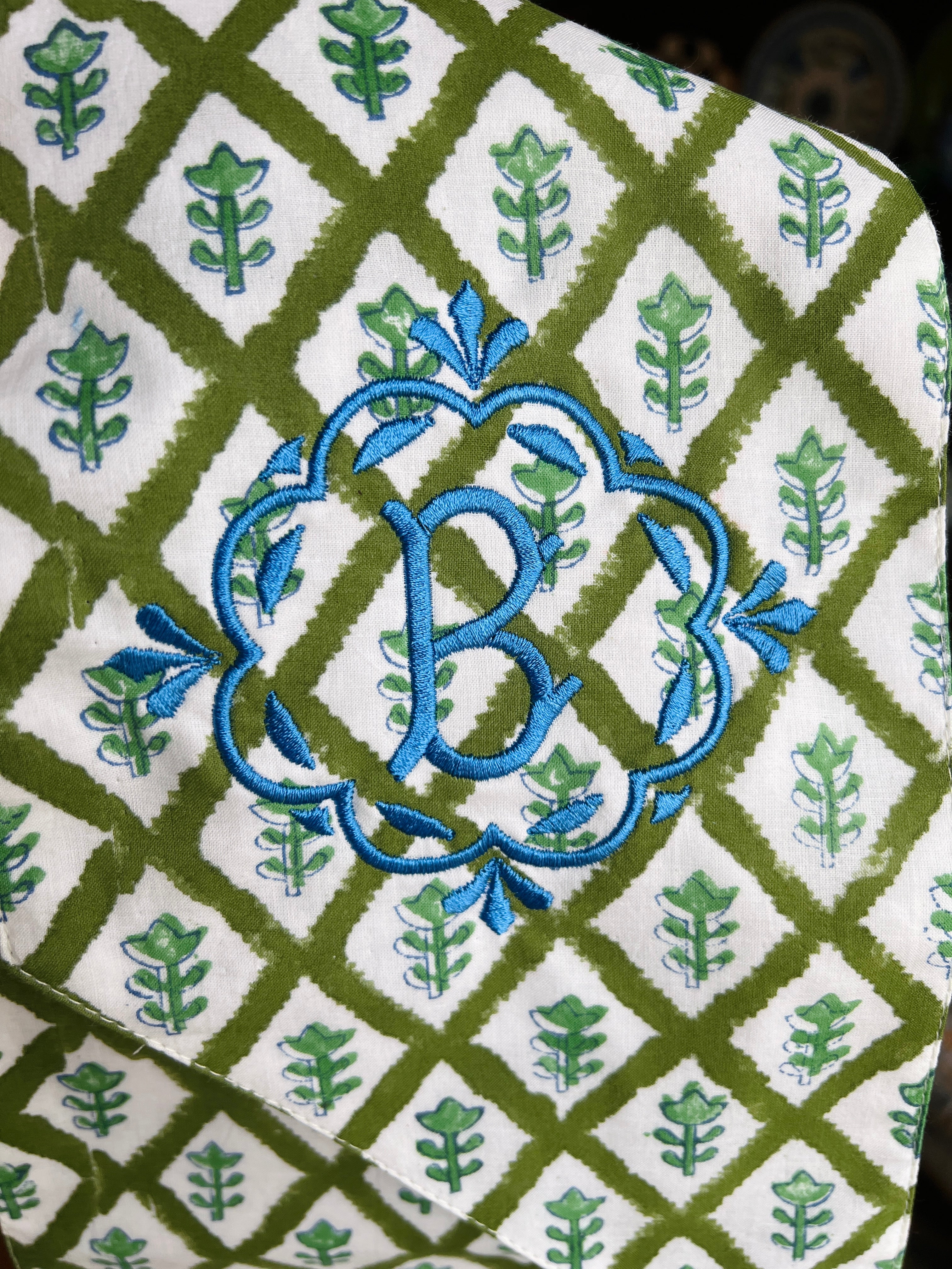 Green block print wreath sash