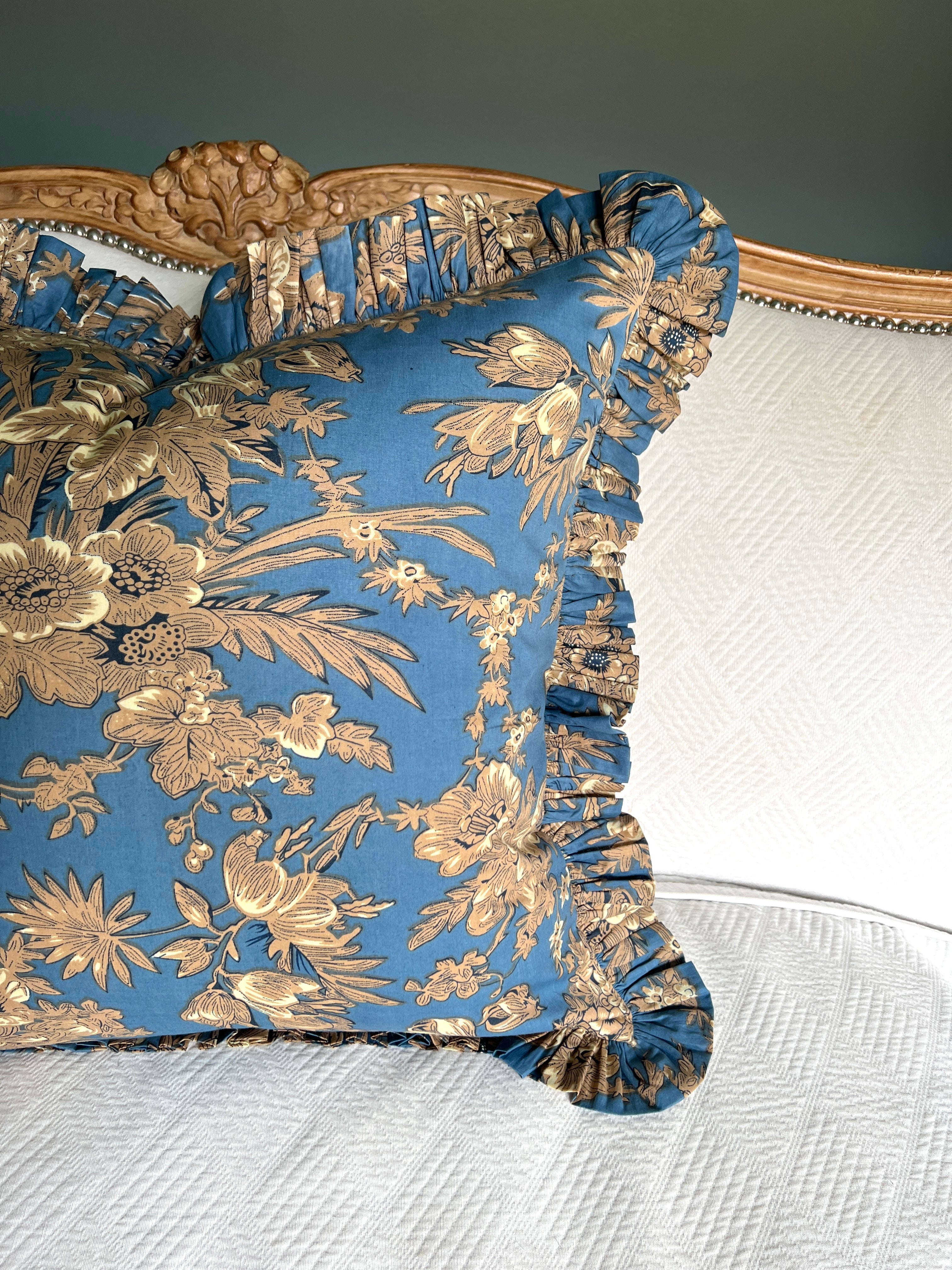Blue floral toile pillow cover with ruffle trim