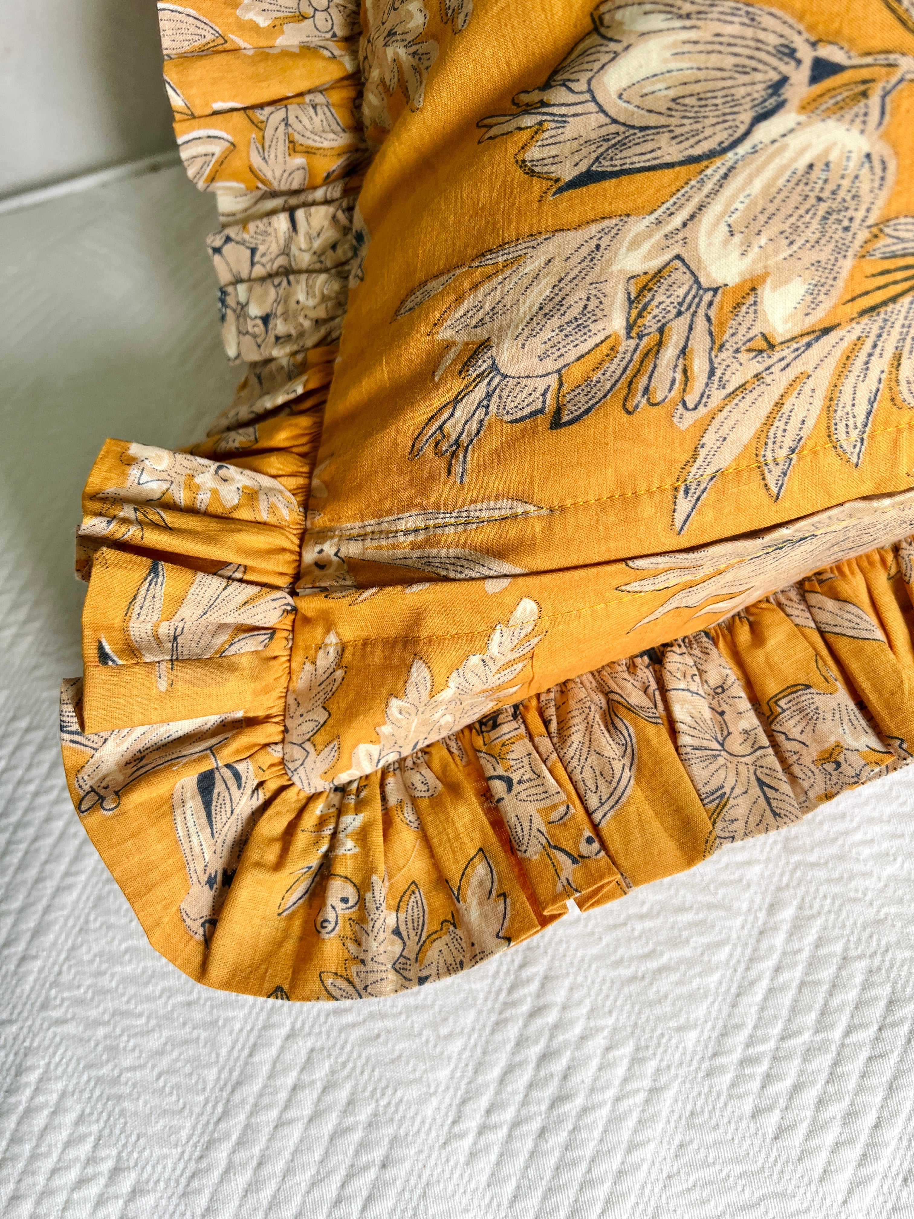 Marigold yellow floral toile pillow cover with ruffle trim