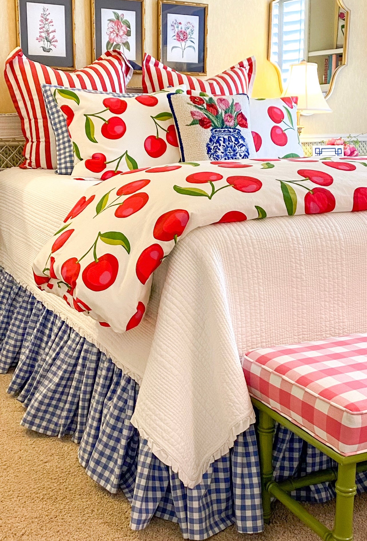 Hand hooked wool tulips and chinoiserie pillow