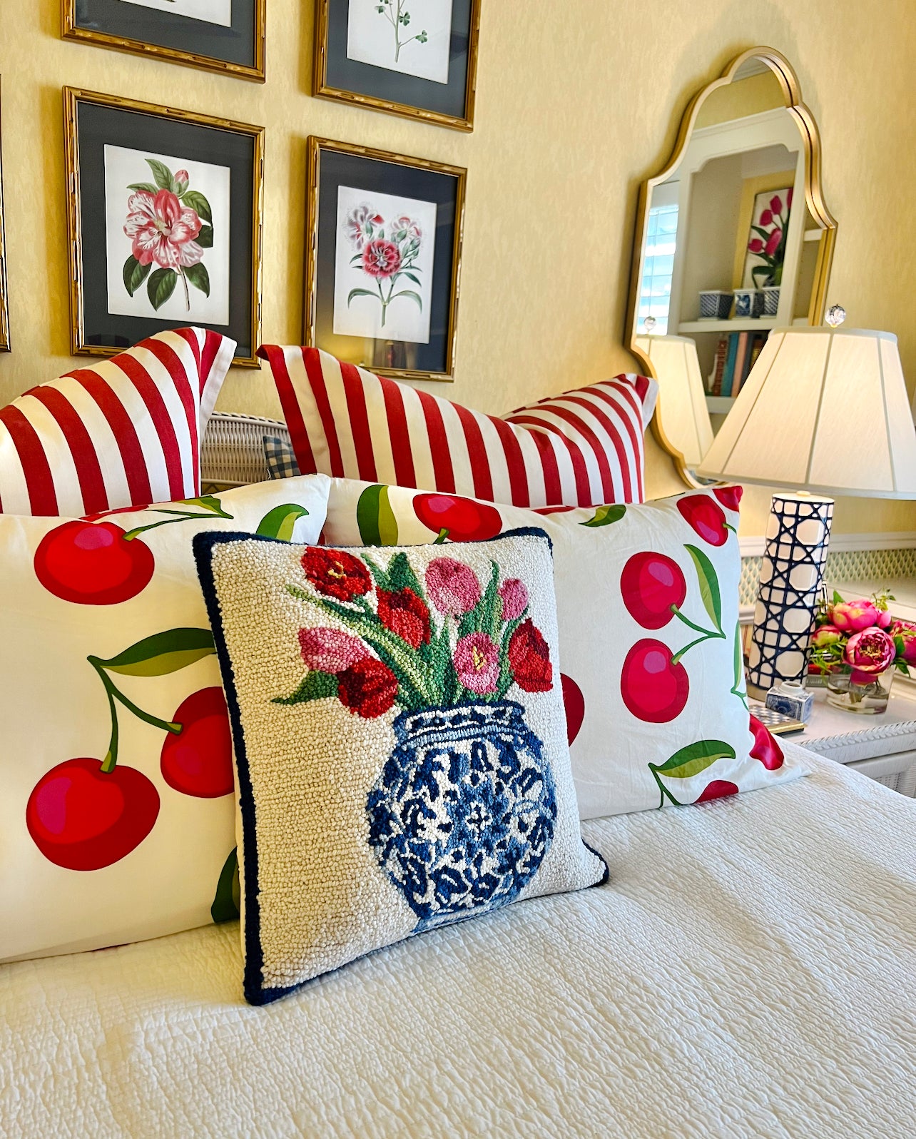 Hand hooked wool tulips and chinoiserie pillow