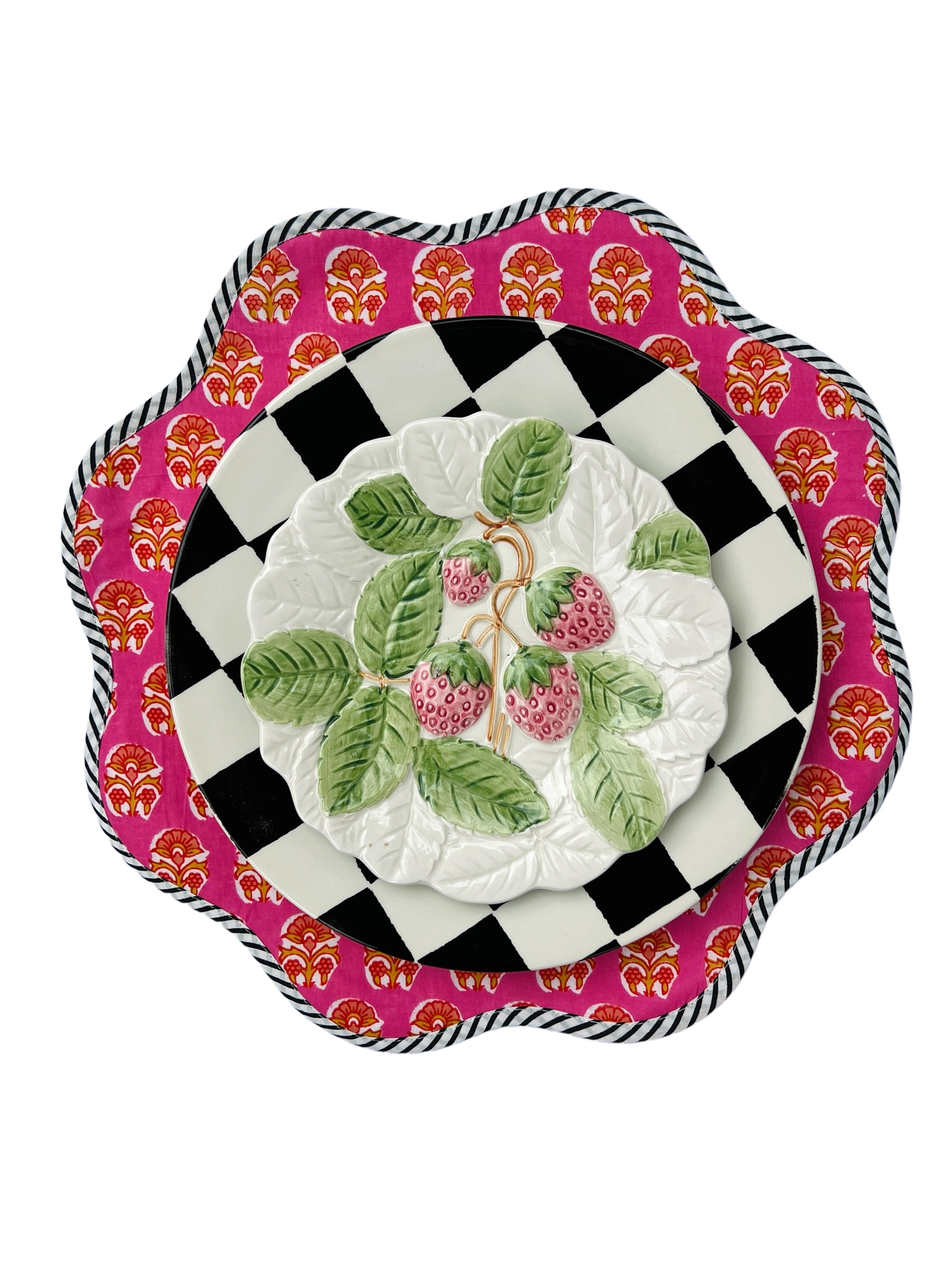 Scalloped bright pink block print placemat set with black and white piping