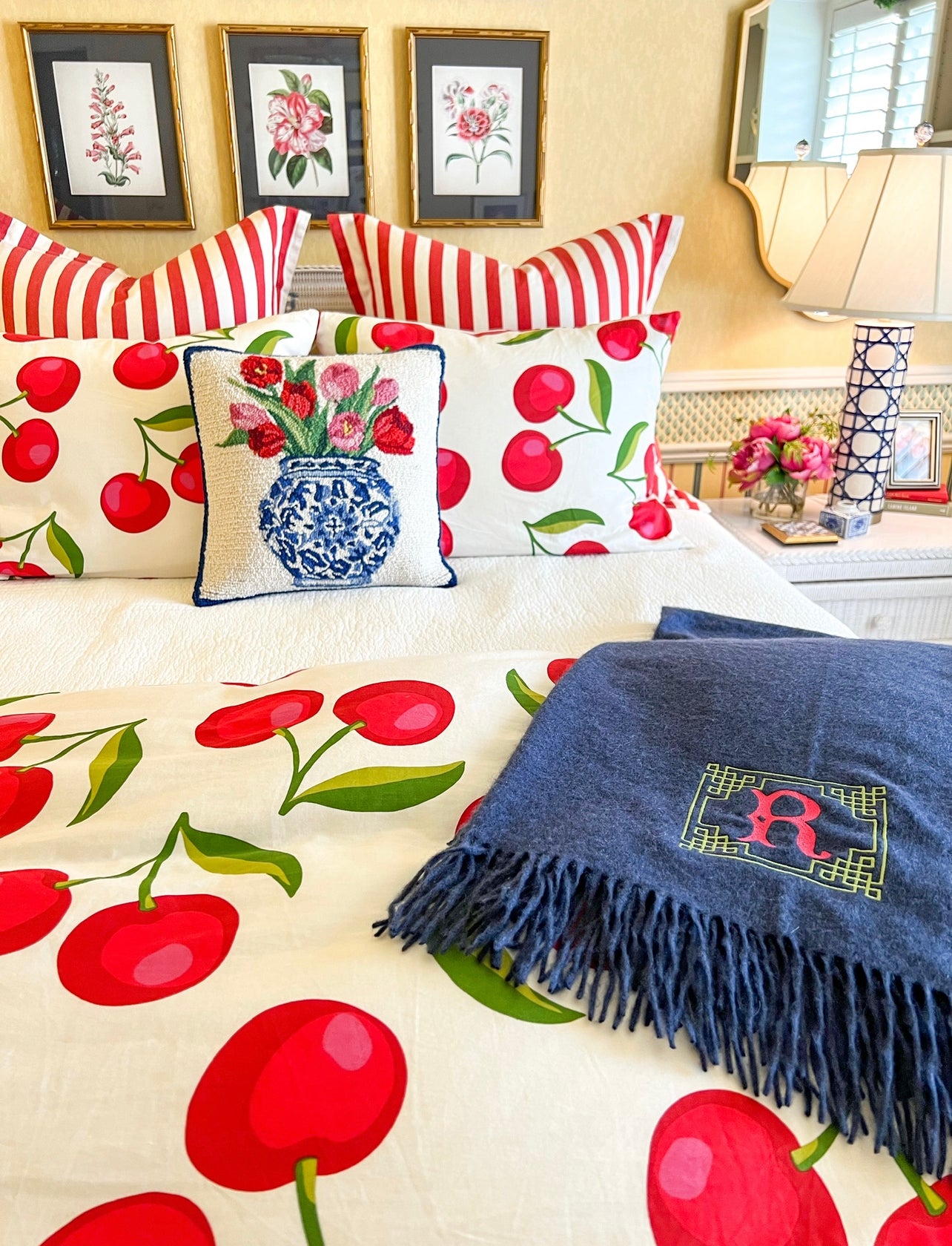 Hand hooked wool tulips and chinoiserie pillow