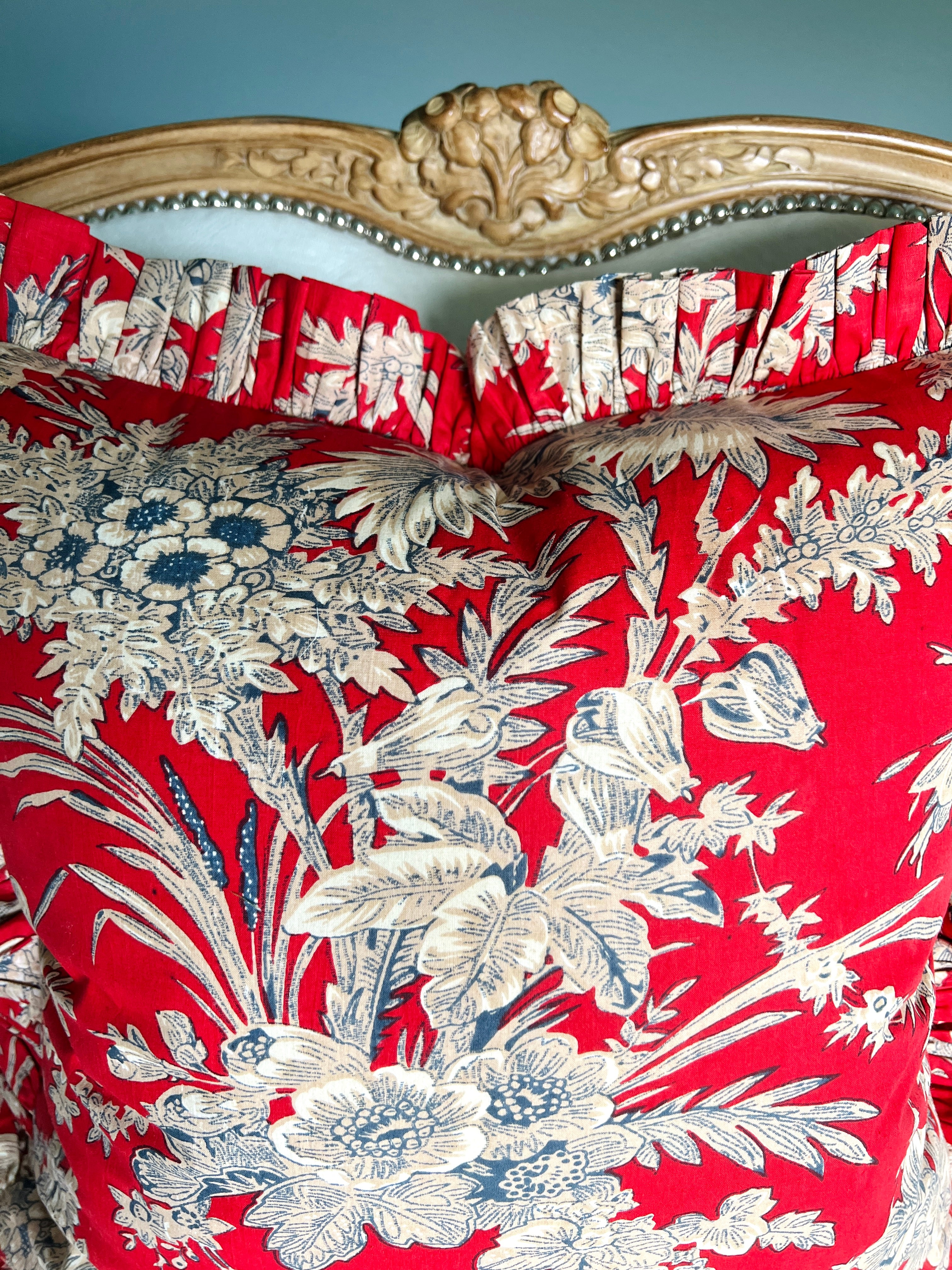 Red floral toile pillow cover with ruffle trim