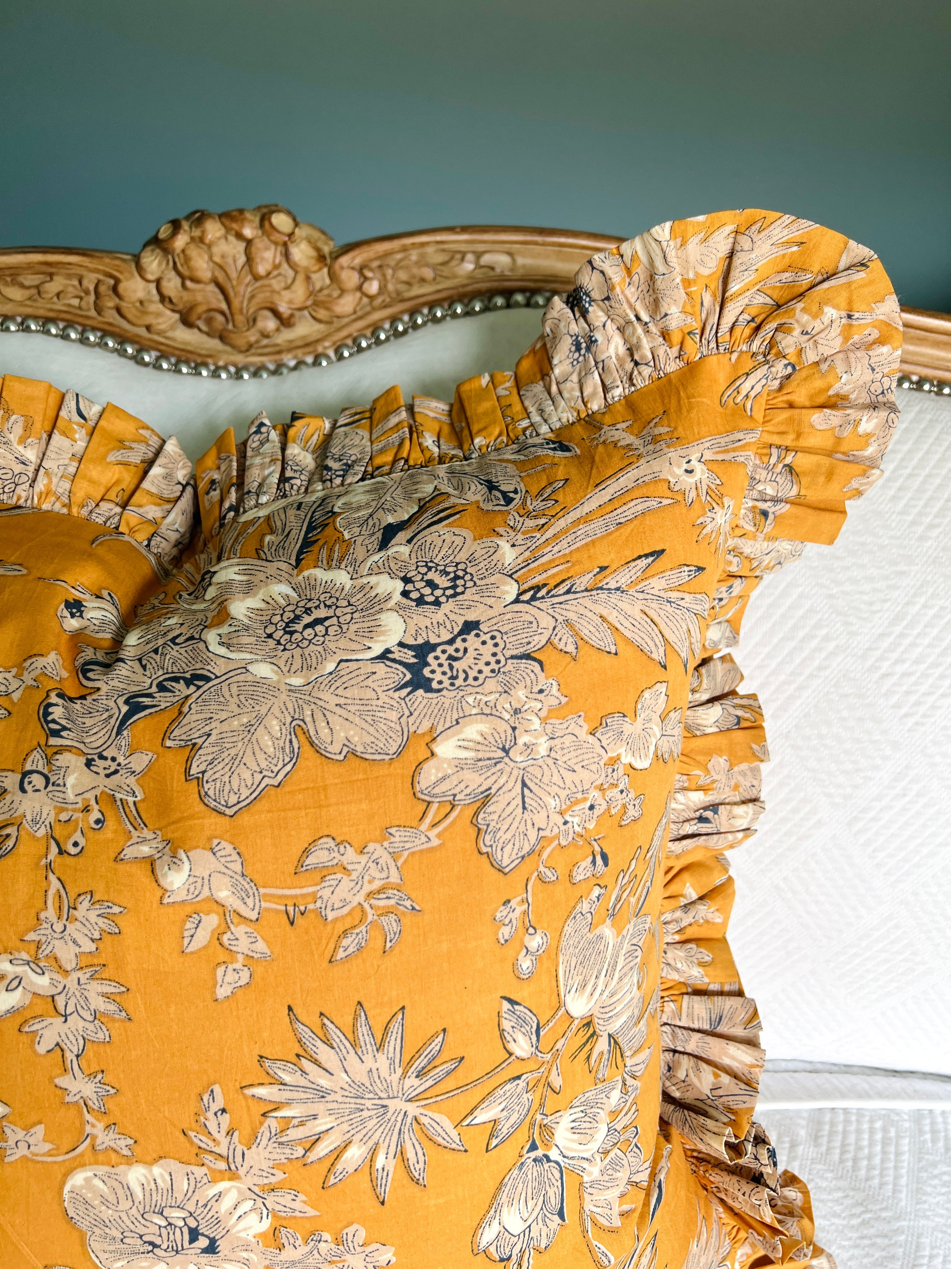 Marigold yellow floral toile pillow cover with ruffle trim