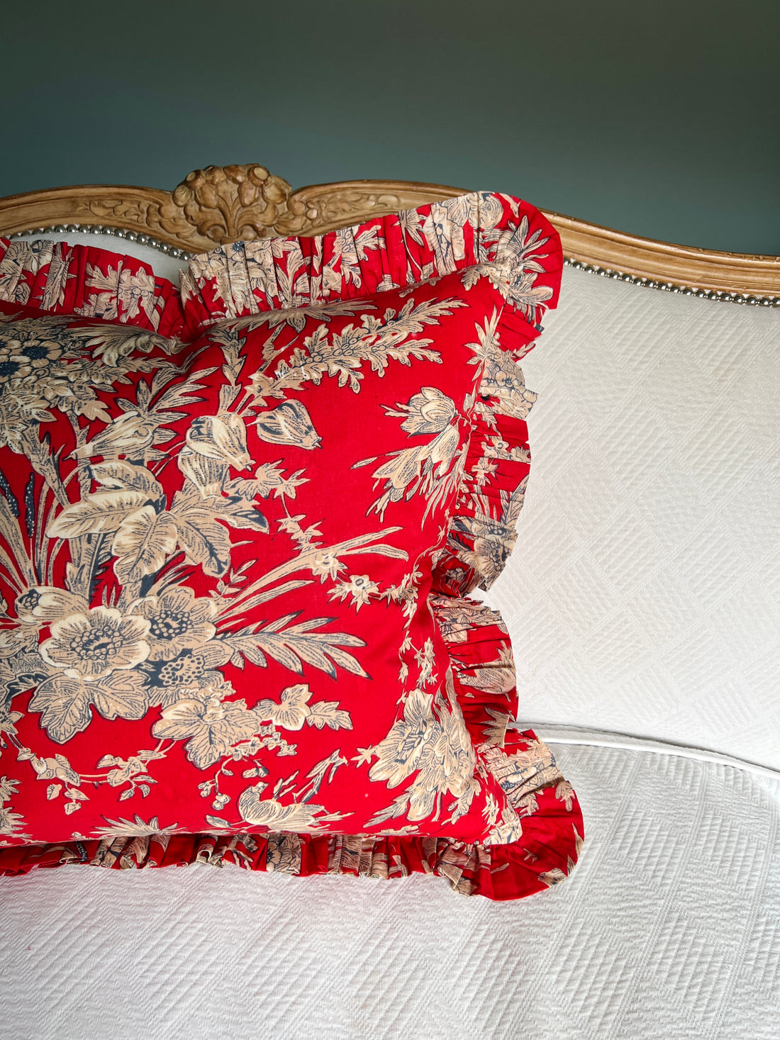 Red floral toile pillow cover with ruffle trim
