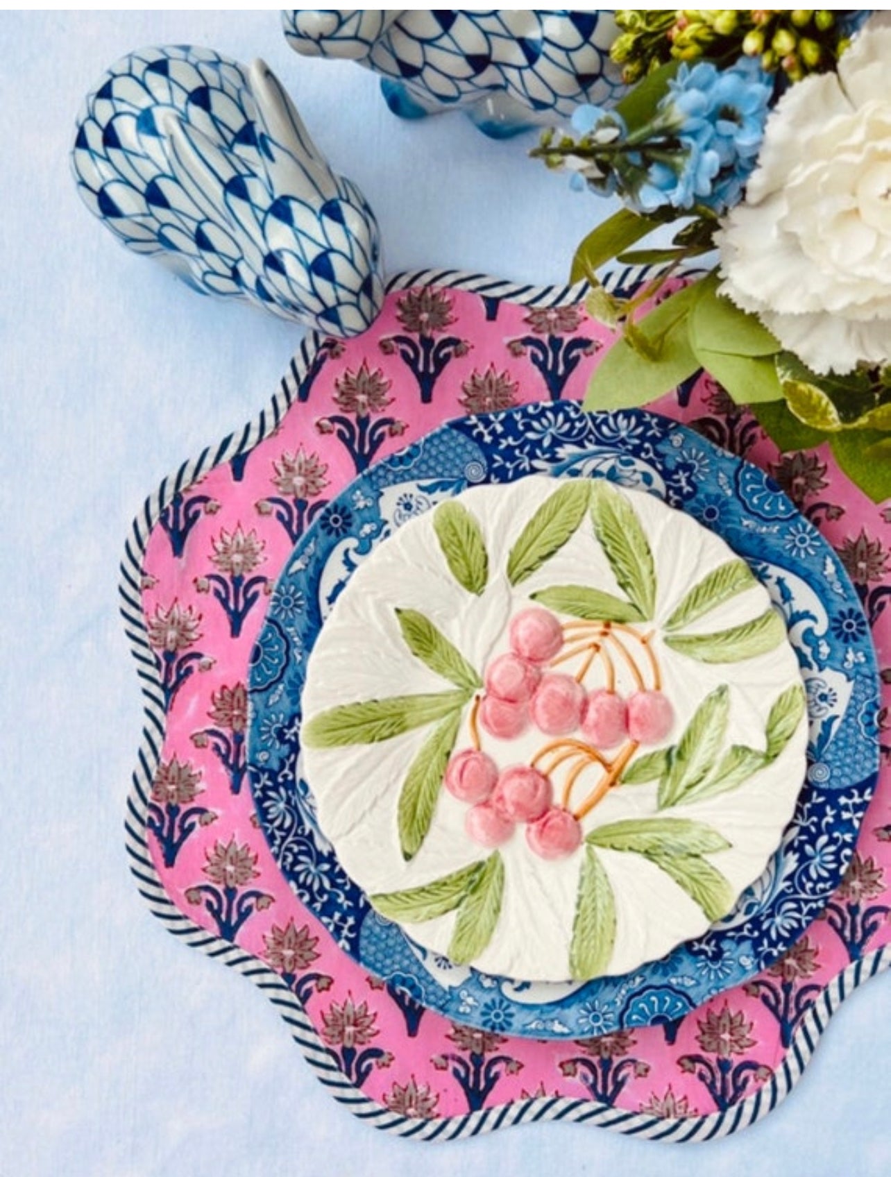 Scalloped pink and blue block print placemat, set of 4