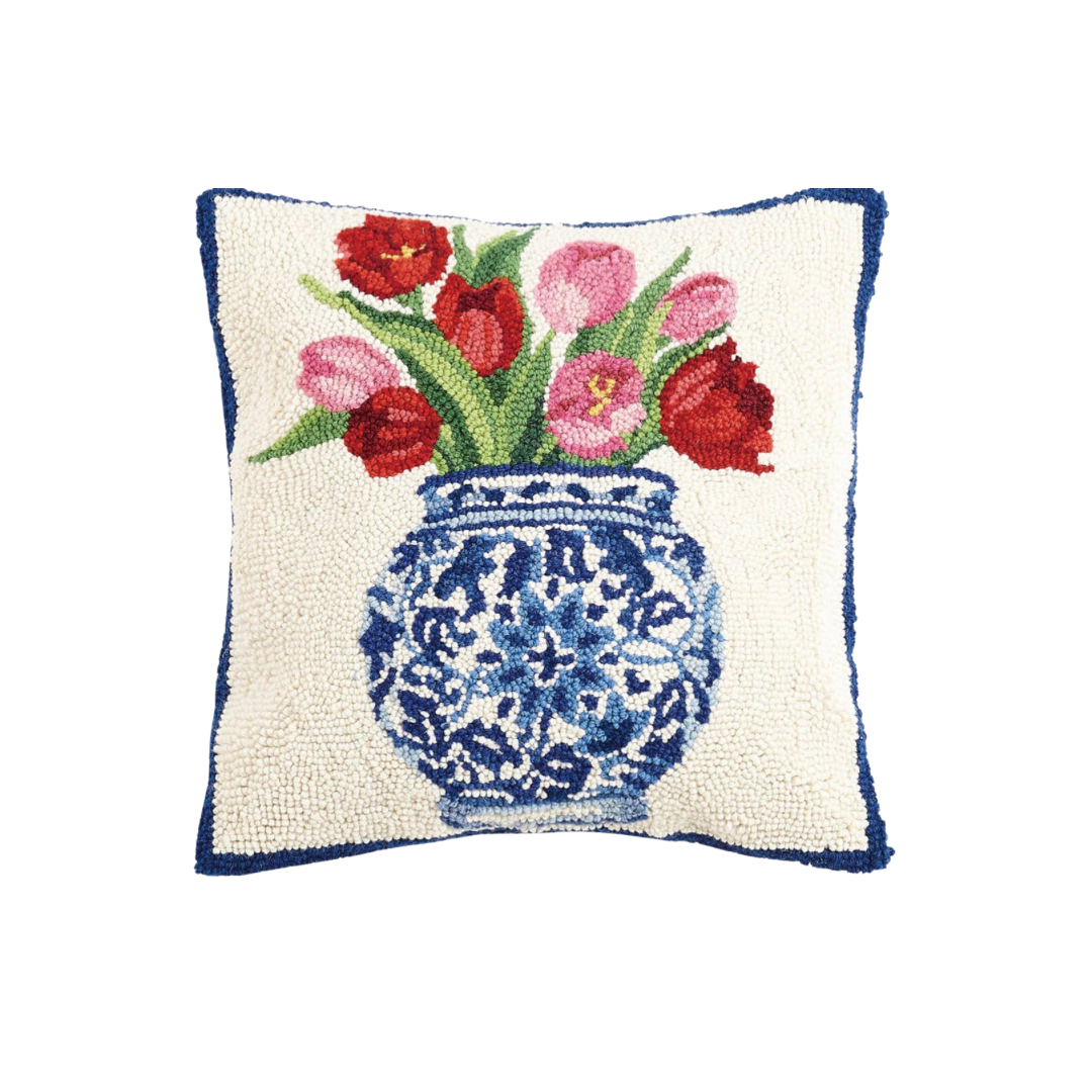 Hand hooked wool tulips and chinoiserie pillow