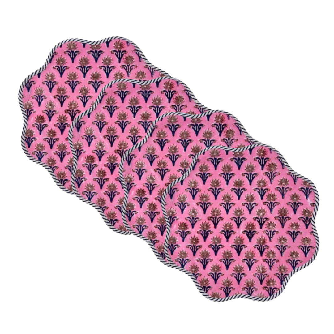 Scalloped pink and blue block print placemat, set of 4