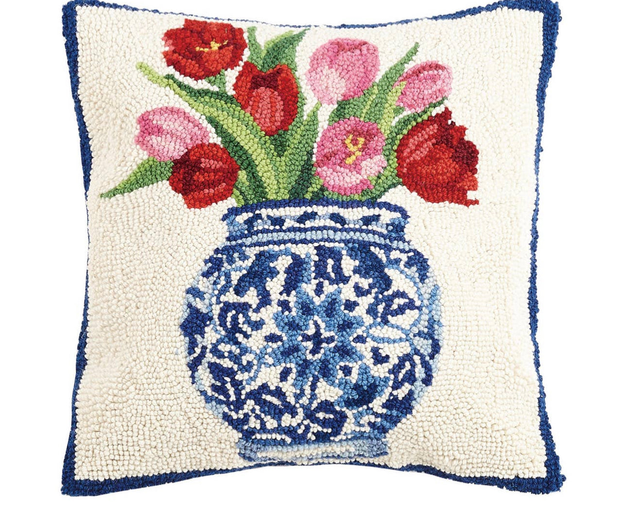 Hand hooked wool tulips and chinoiserie pillow