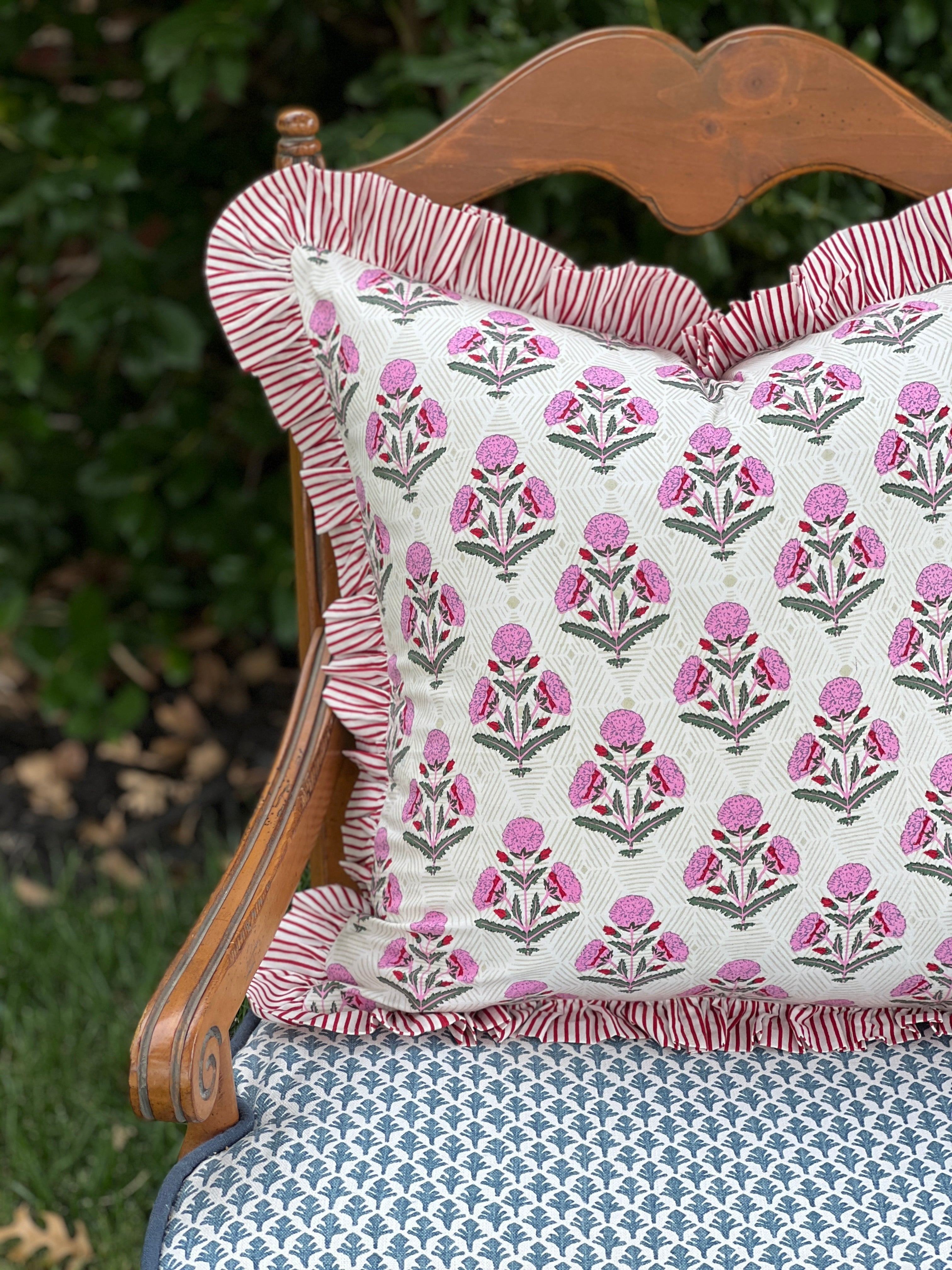 Pink and red floral block print ruffle pillow