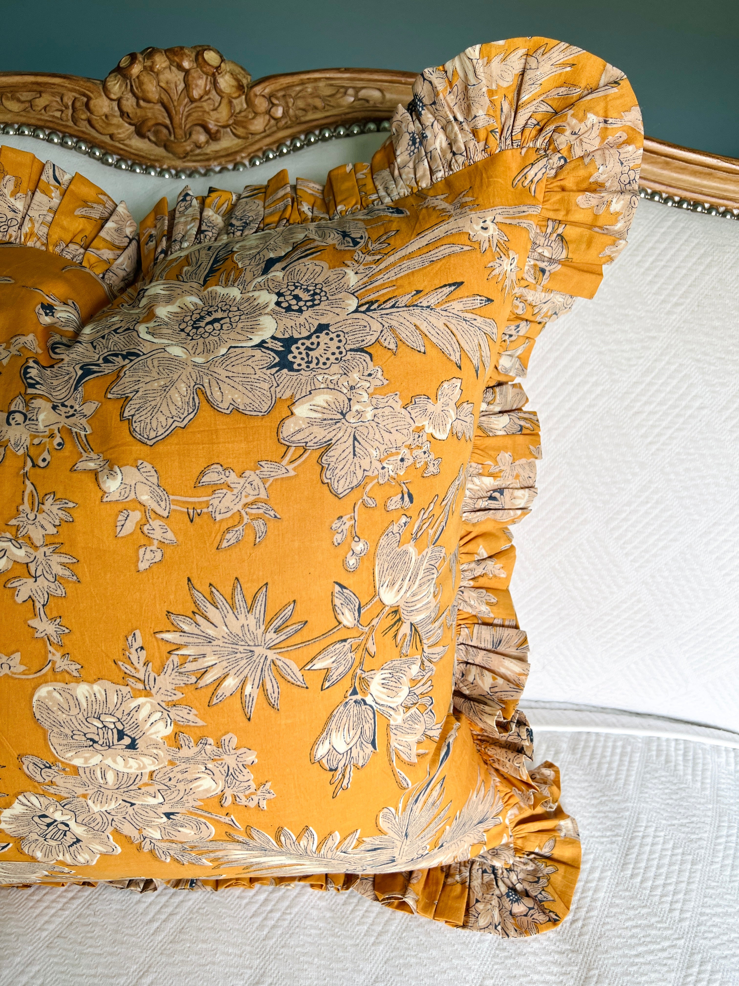 Marigold yellow floral toile pillow cover with ruffle trim