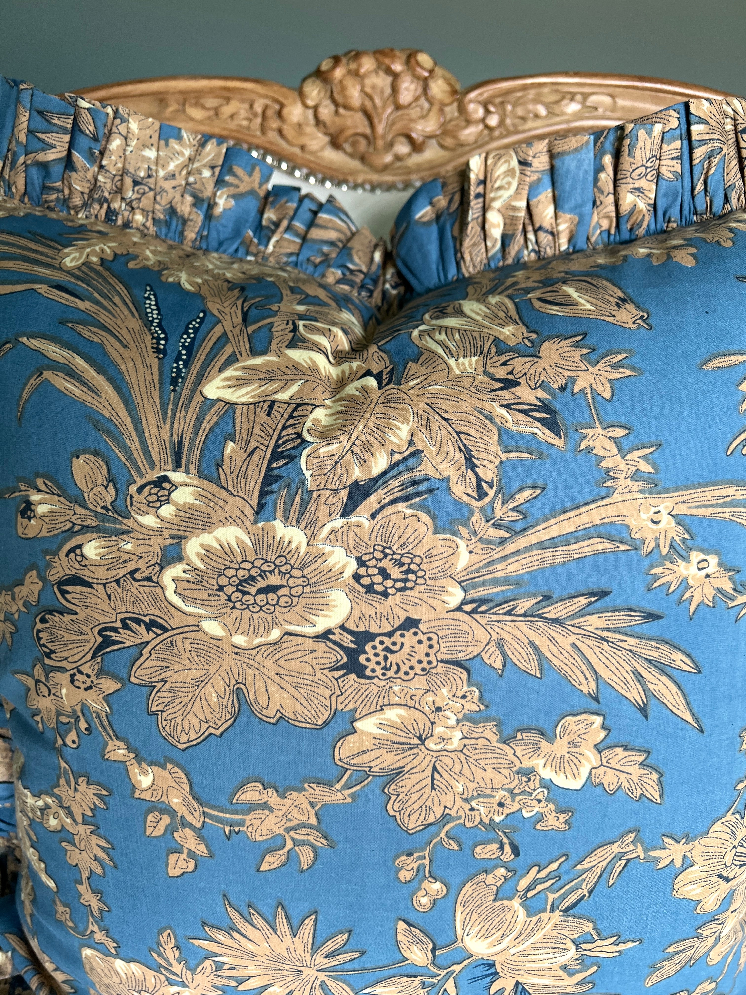 Blue floral toile pillow cover with ruffle trim