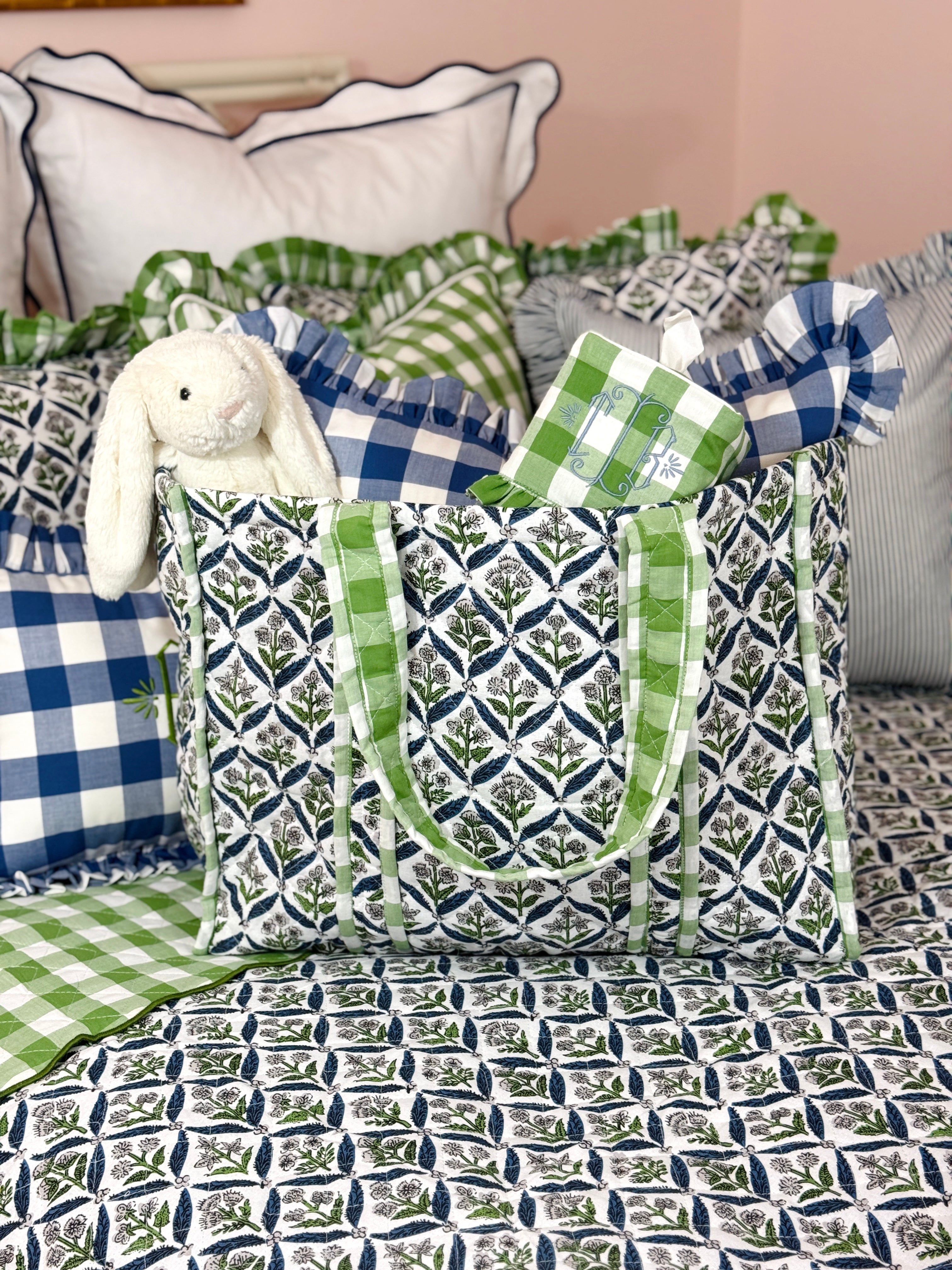 Blue and green quilted block print oversized tote bag monogram available
