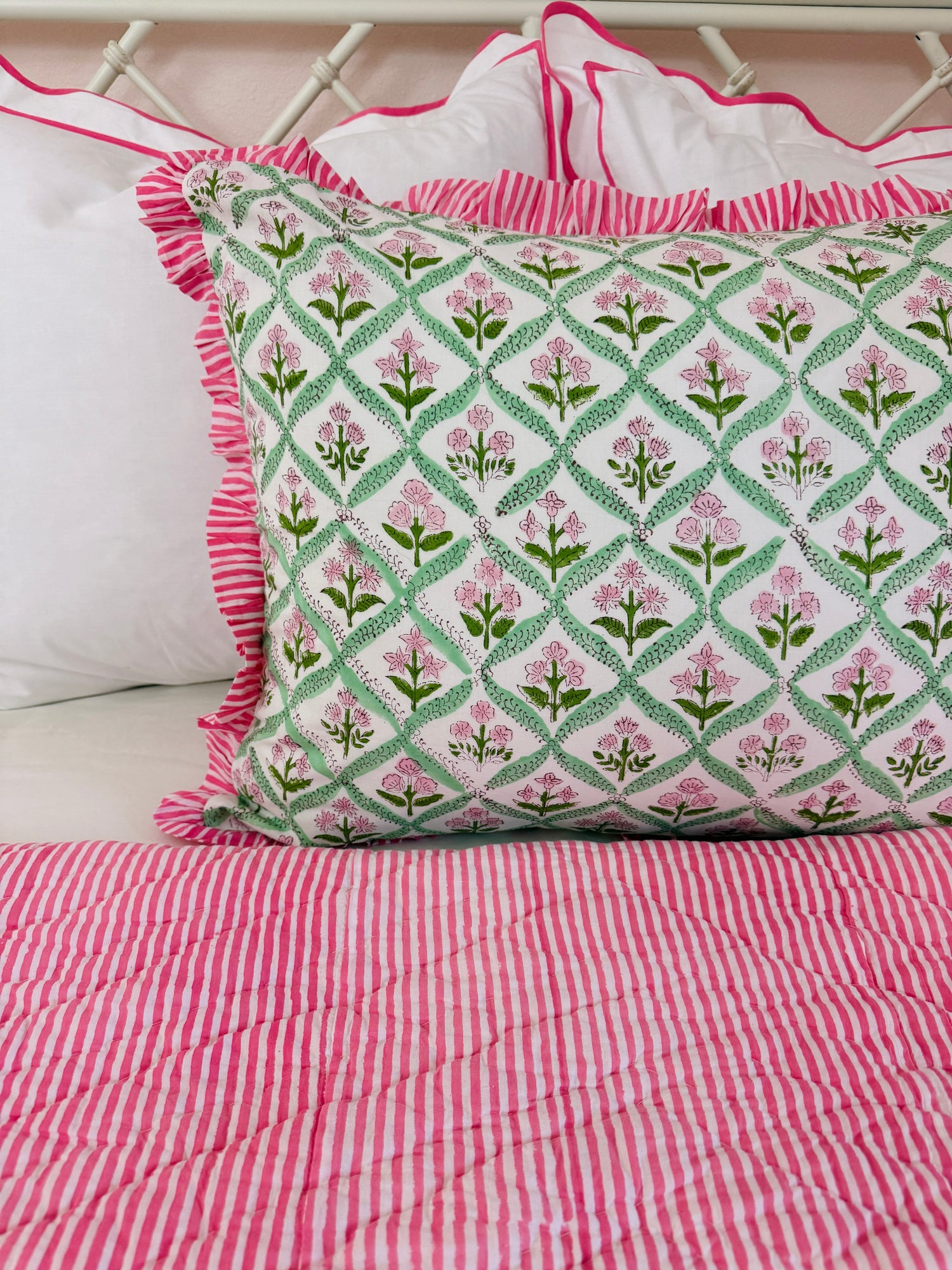 Hot pink and green floral trellis block print bedding collection