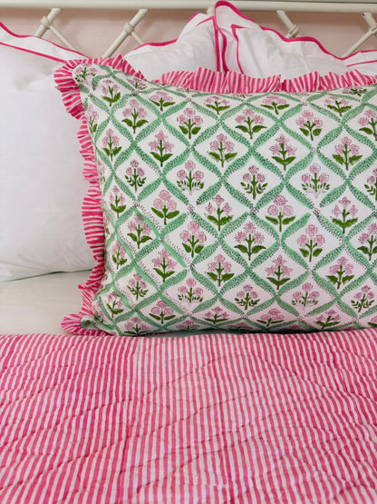 Hot pink and green floral trellis block print bedding collection