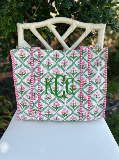 Pink and green quilted block print tote bag monogram available