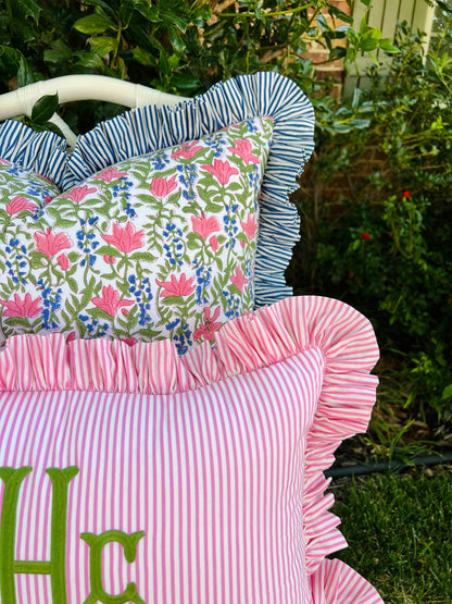 Blue, pink, and green floral pillow cover