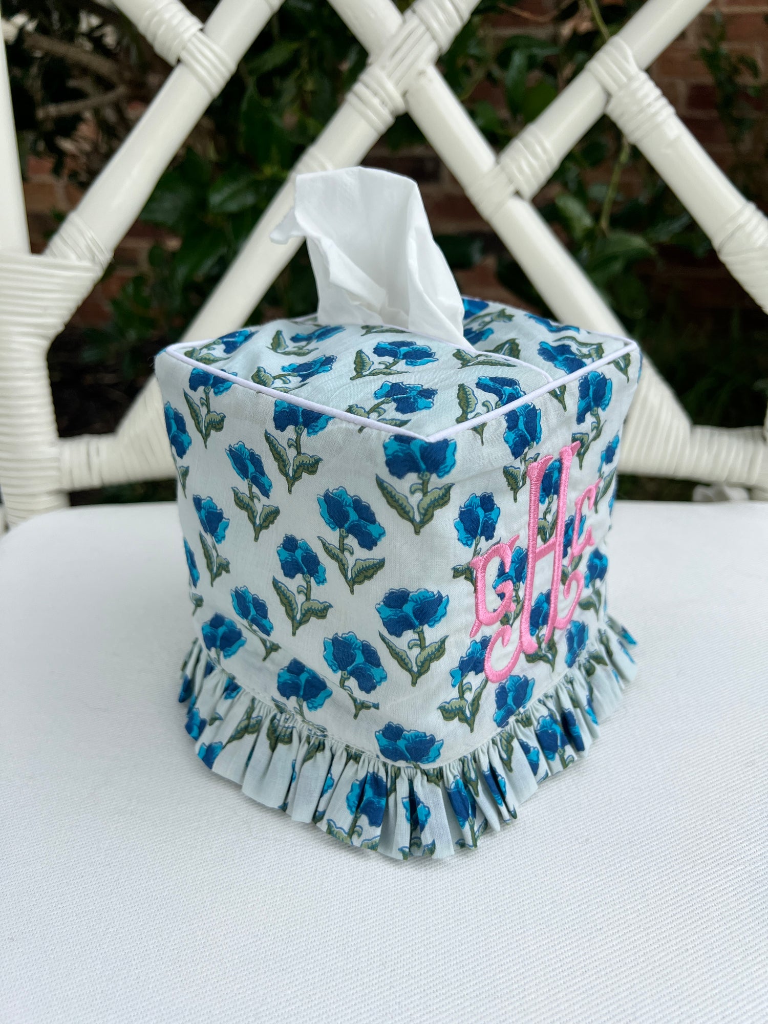 Green and blue floral ruffle tissue cover, custom monogram available