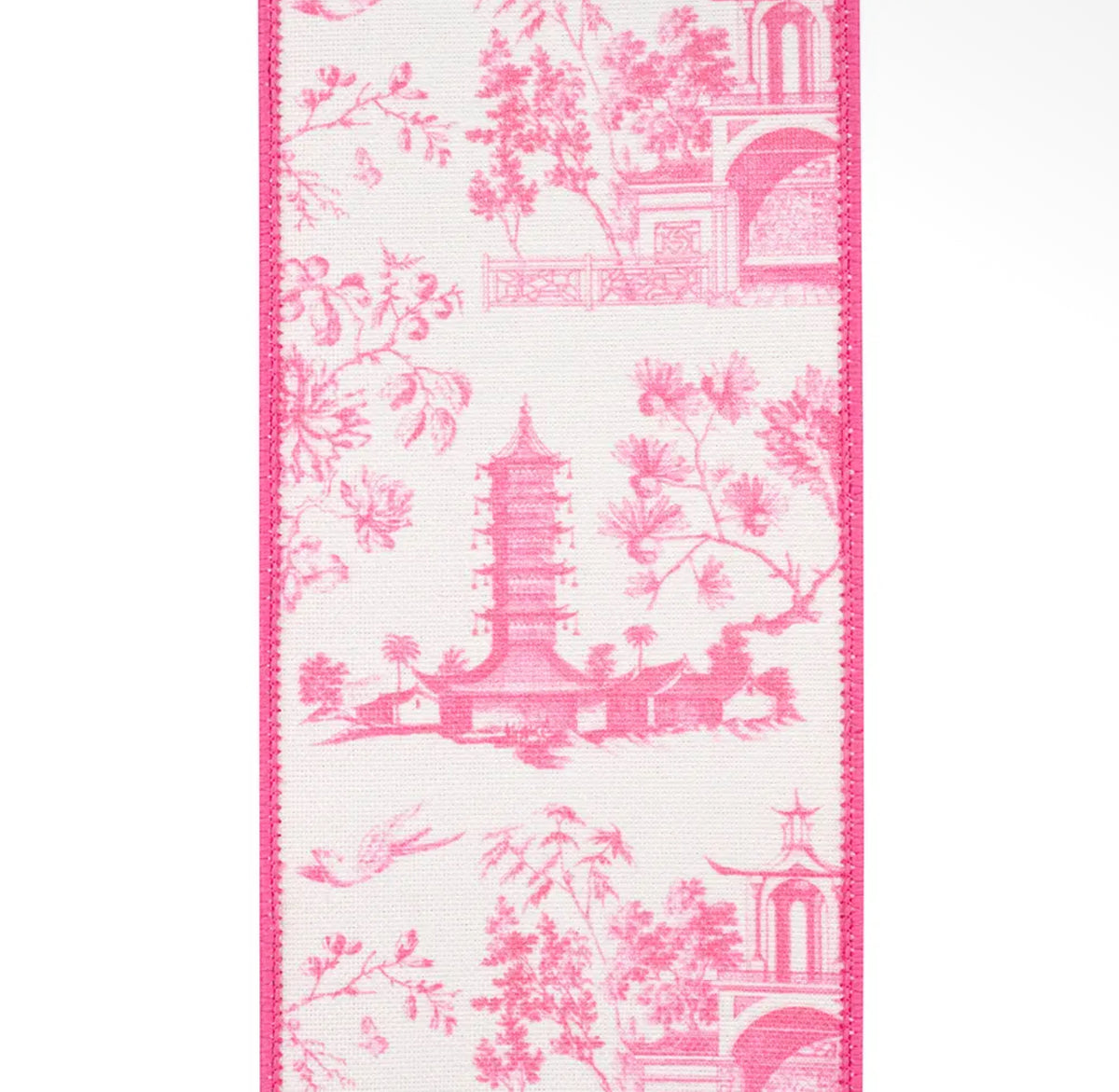 Pink and white chinoiserie ribbon by the roll, 4” wide by 5 yards