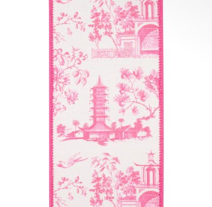 Pink and white chinoiserie ribbon by the roll, 4” wide by 5 yards