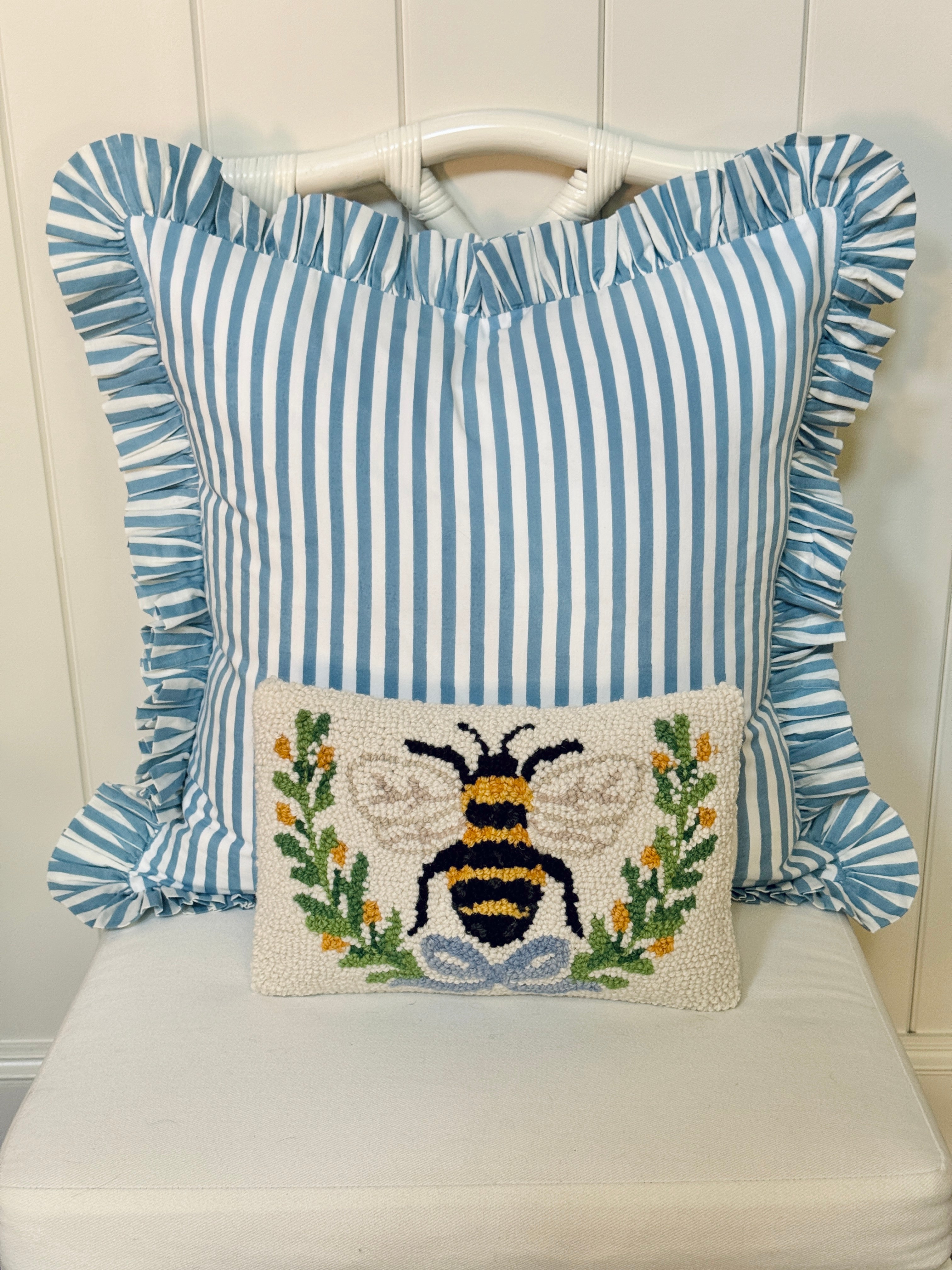 Hydrangea blue and white striped ruffle pillow cover