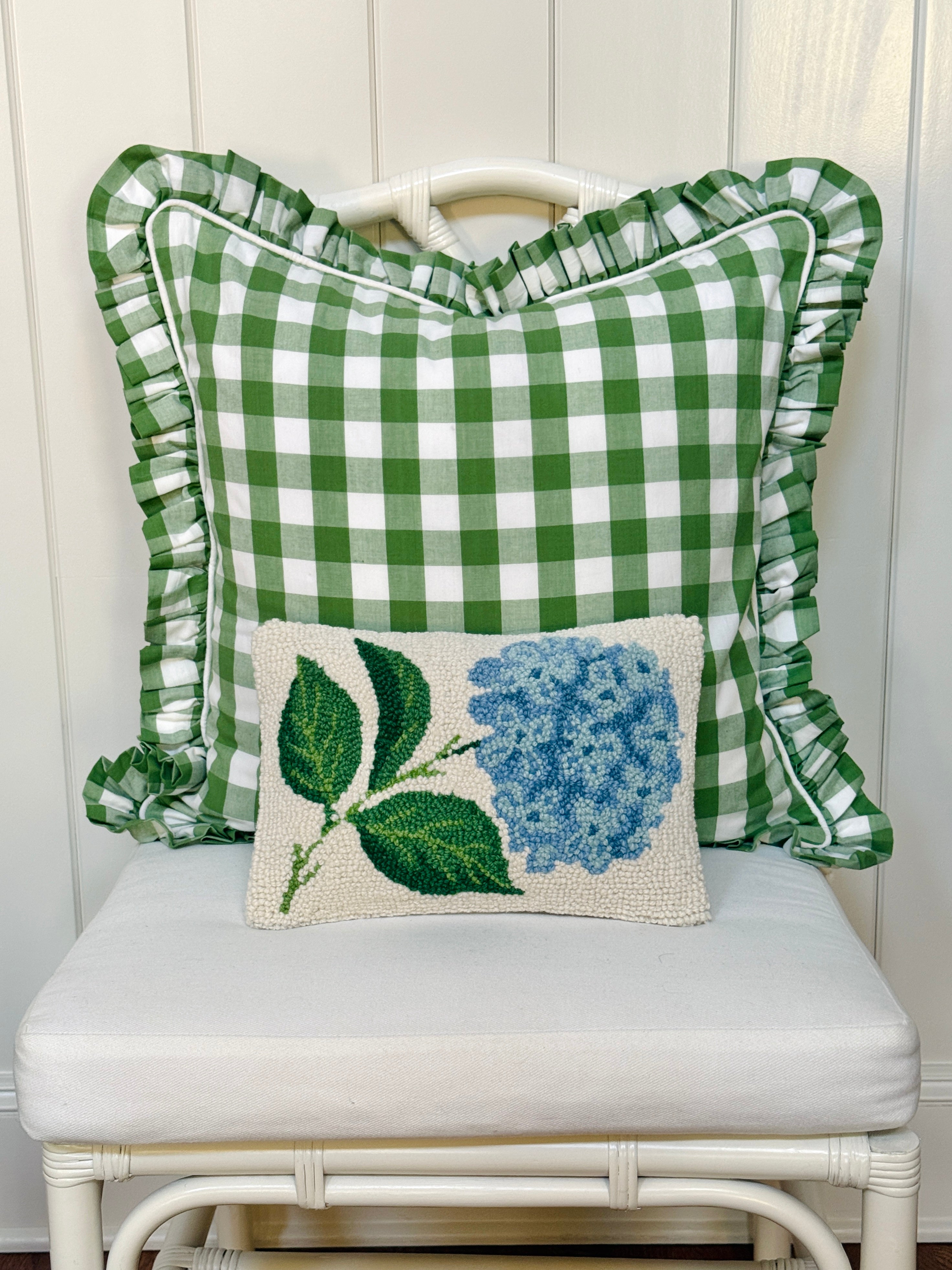 Little hand hooked hydrangea pillow