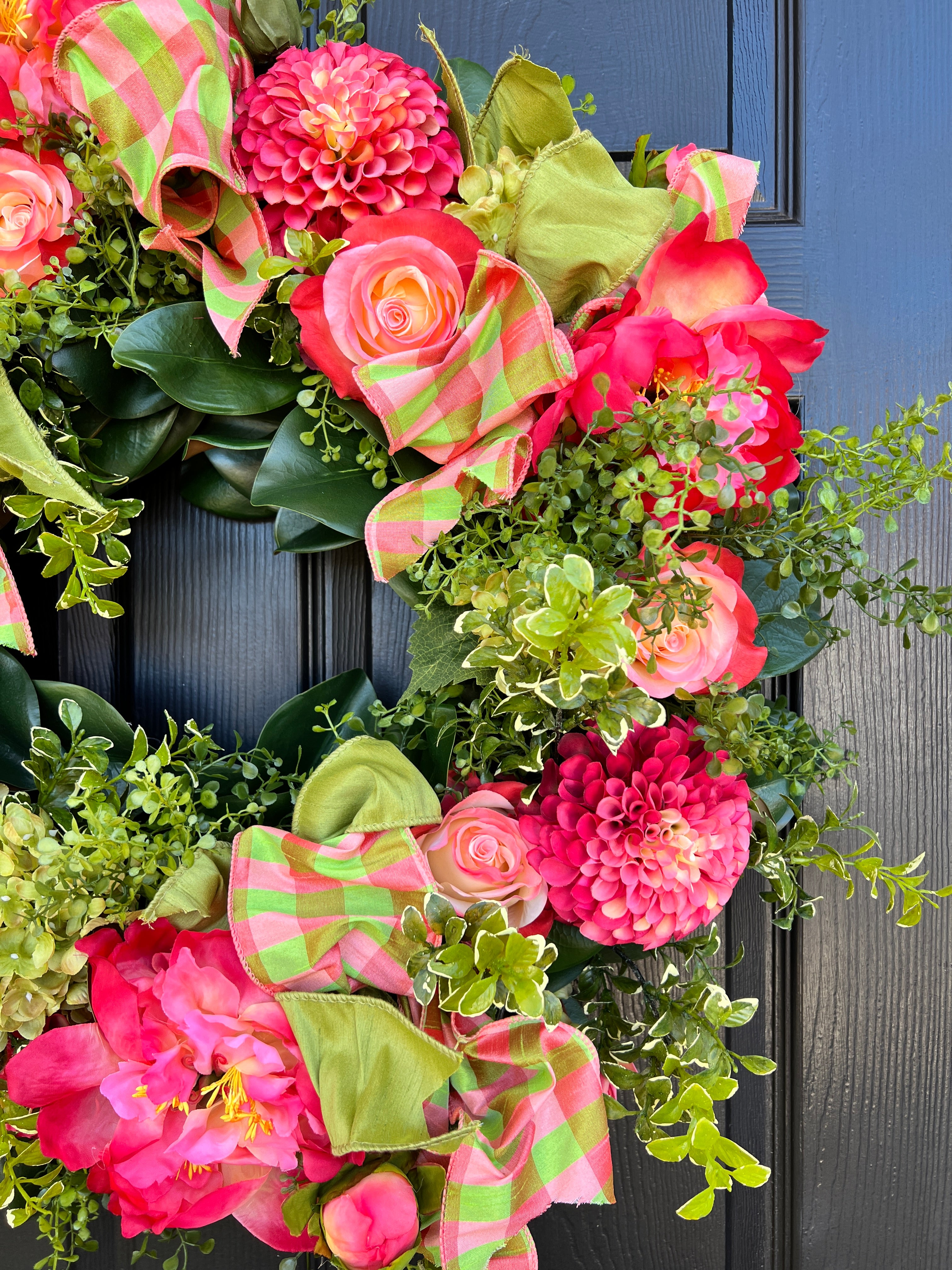 Coral and green Spring and Summer wreath with optional gingham dupioni ribbon