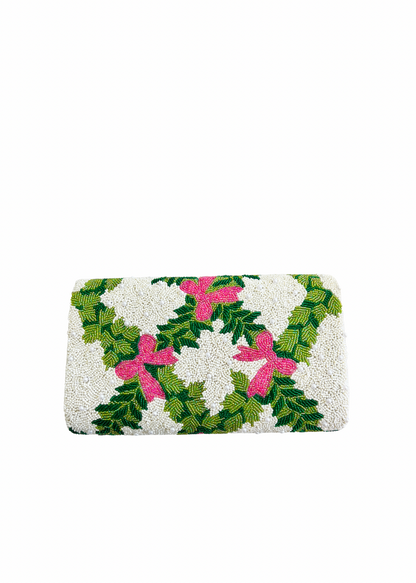 Hand beaded pink bows and green trellis clutch *in stock ships now*