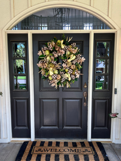 Pumpkin, gourd, and antler Fall wreath